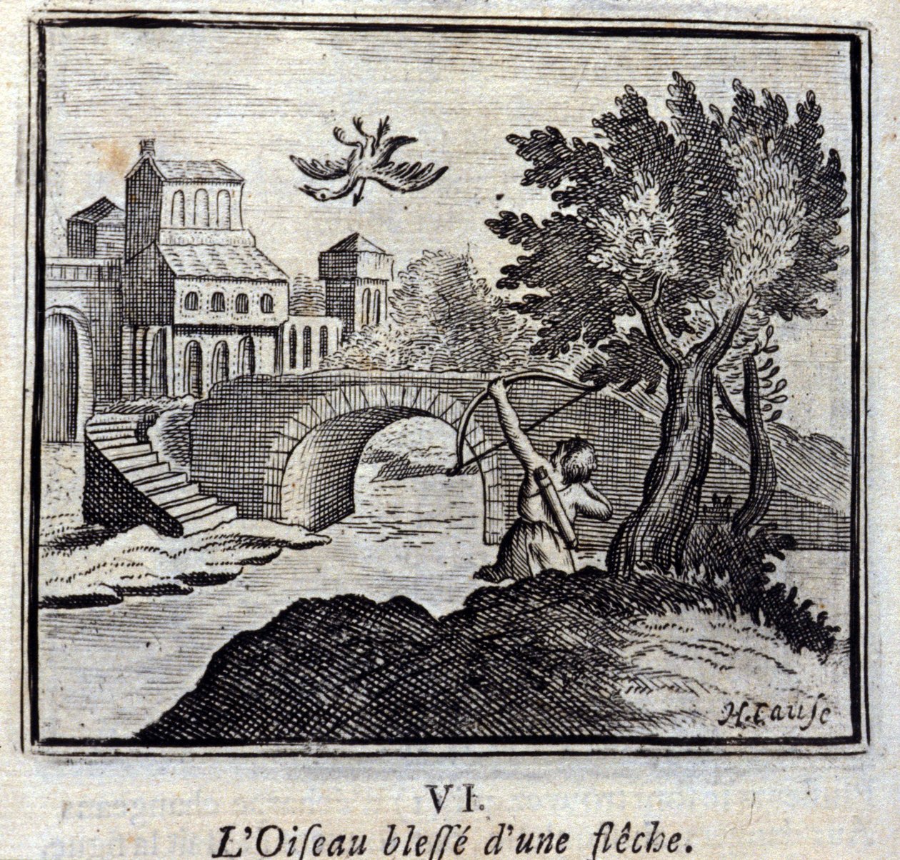 L'Oiseau wesse d'une fleche. أساطير جان دي لافونتين (1621-1695). رسم توضيحي لفرانسوا تشوفو (1613-1676). طبعة 1728. بواسطة فرانسوا شوفو