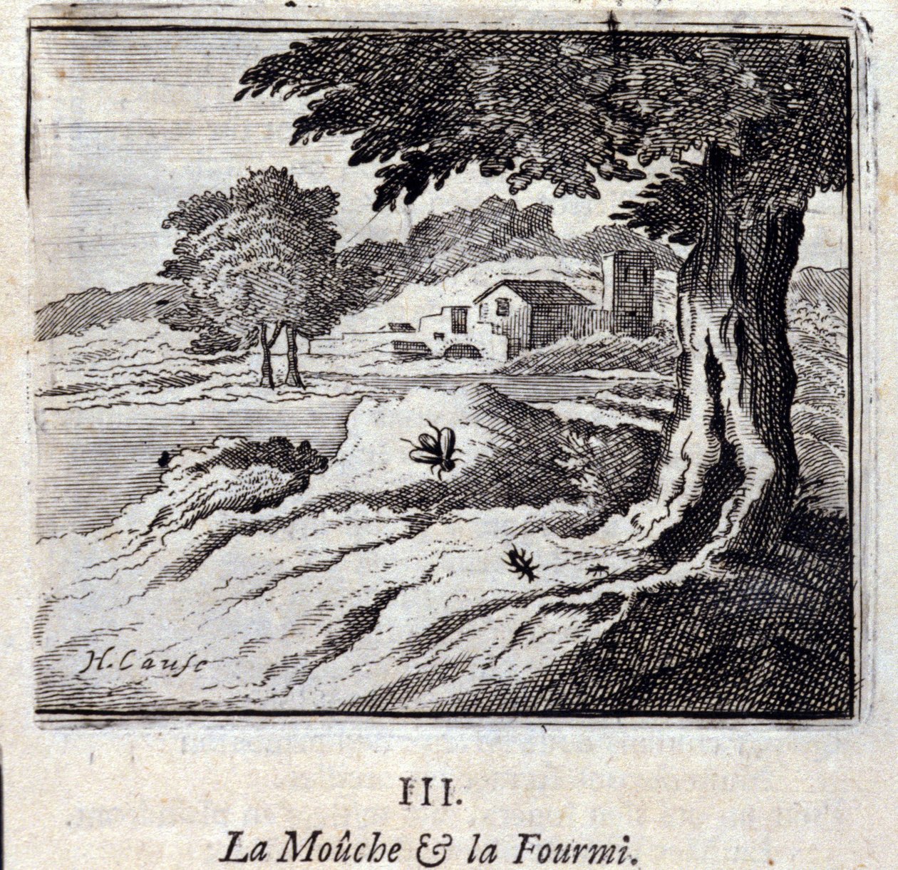 الذبابة والنملة. أساطير جان دي لافونتين (1621-95). رسم توضيحي لفرانسوا تشوفو (1613-1676). طبعة 1728. بواسطة فرانسوا شوفو