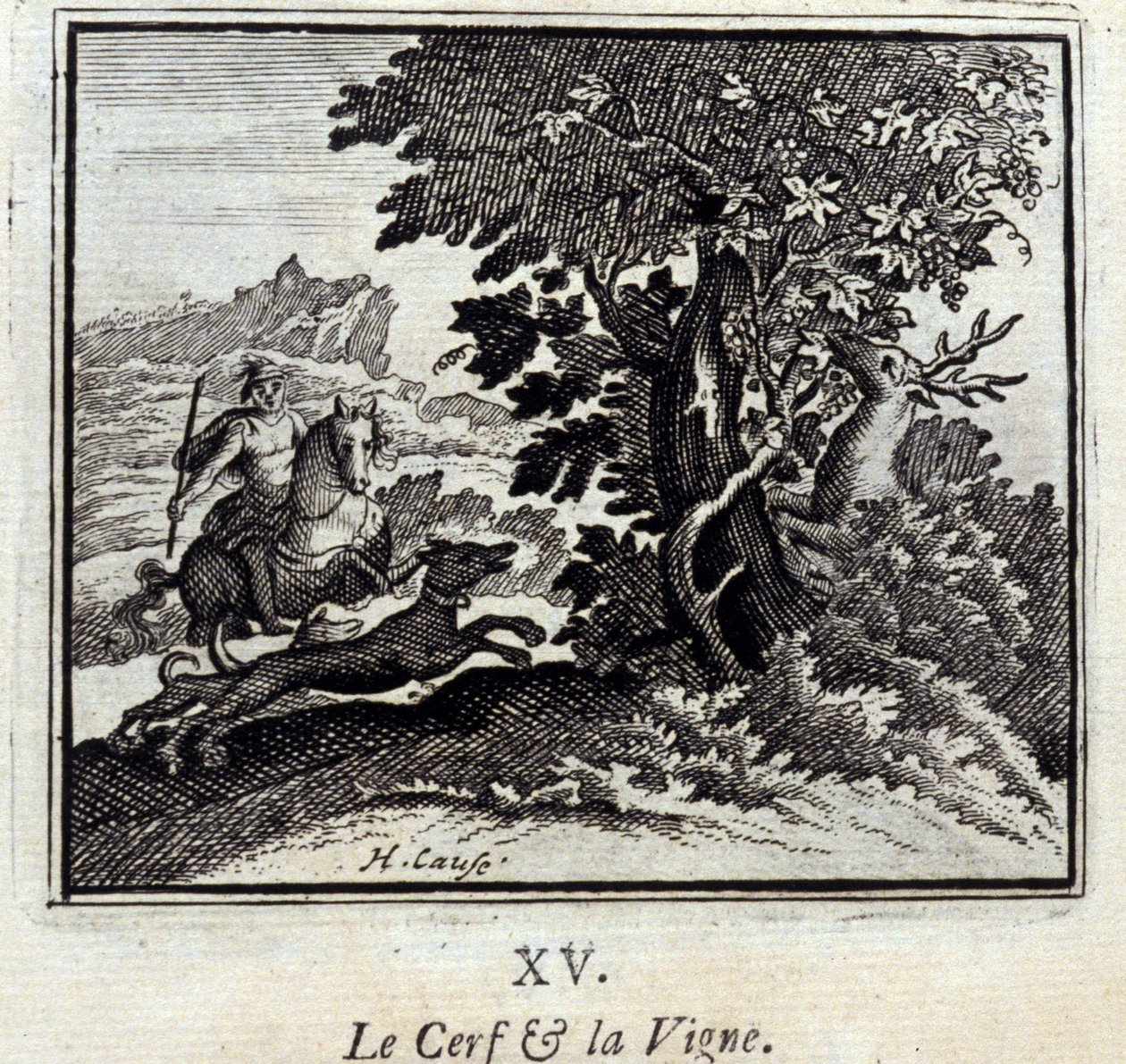The Stag and the Vine. أساطير جان دي لافونتين (1621-95). رسم توضيحي لفرانسوا تشوفو (1613-1676). طبعة 1728. بواسطة فرانسوا شوفو