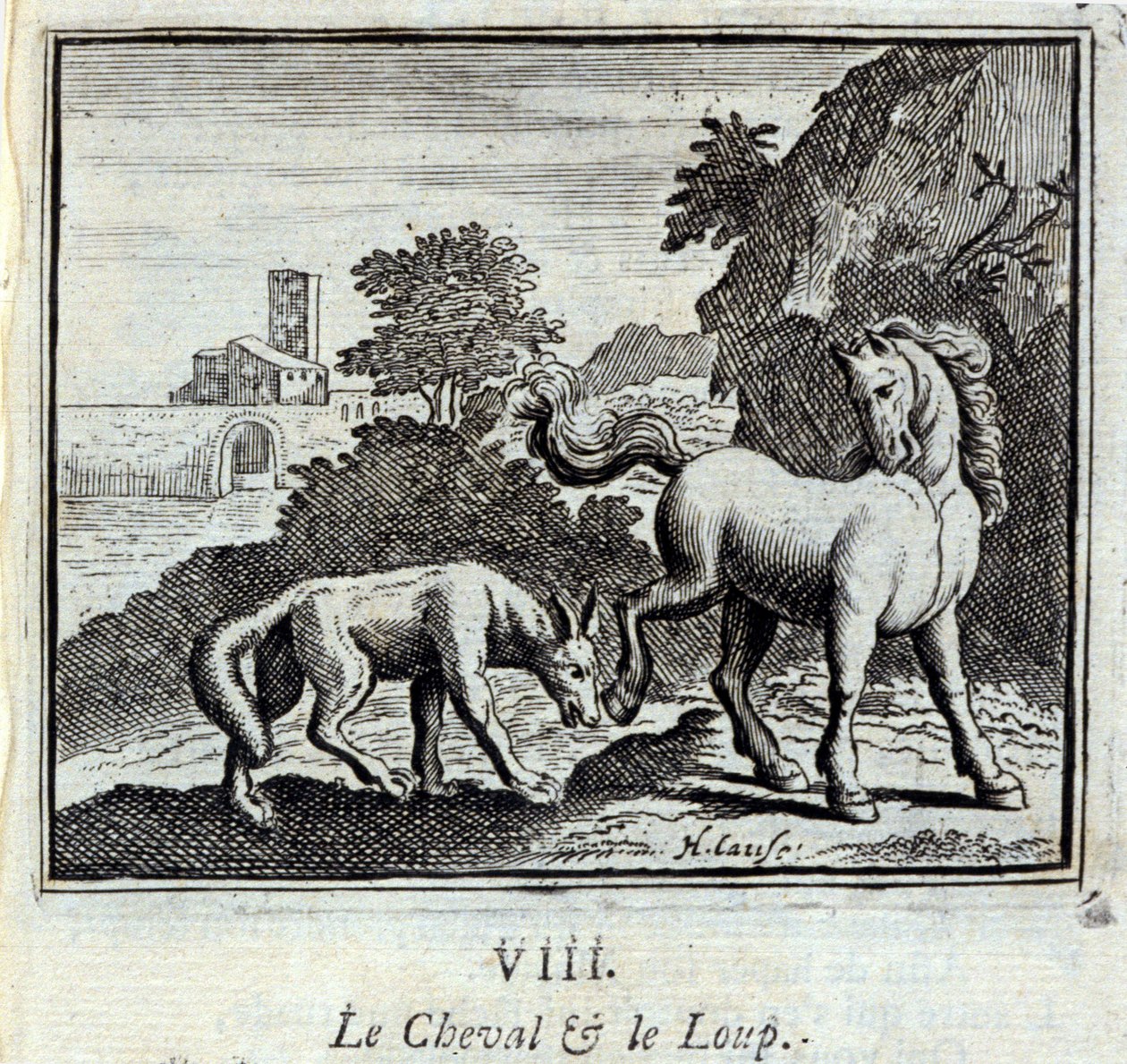 الحصان والذئب. أساطير جان دي لافونتين (1621-95). رسم توضيحي لفرانسوا تشوفو (1613-1676). طبعة 1728. بواسطة فرانسوا شوفو