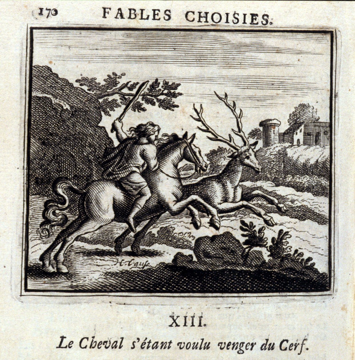أراد الحصان الانتقام من الغزلان. أساطير جان دي لافونتين (1621-95). رسم توضيحي لفرانسوا تشوفو (1613-1676). طبعة 1728. بواسطة فرانسوا شوفو