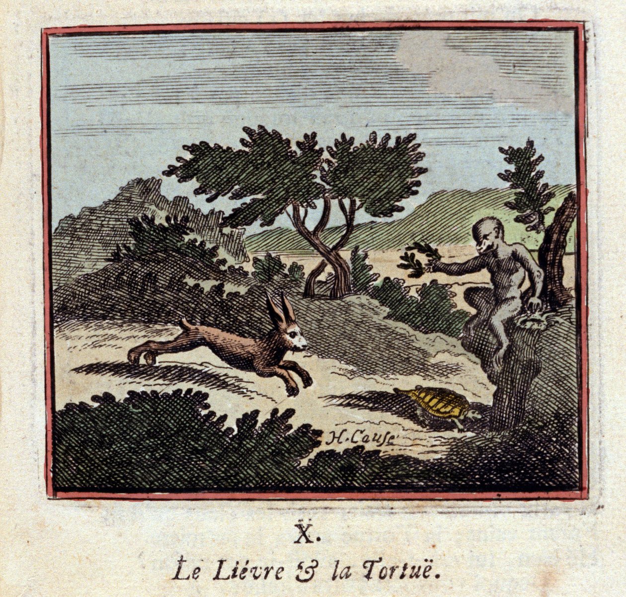 Le Lievre et la Tortue - خرافات لجين دي لافونتين (1621-1695) - رسم توضيحي بقلم فرانسوا شوفو (1613-1676) - طبعة 1728 بواسطة فرانسوا شوفو