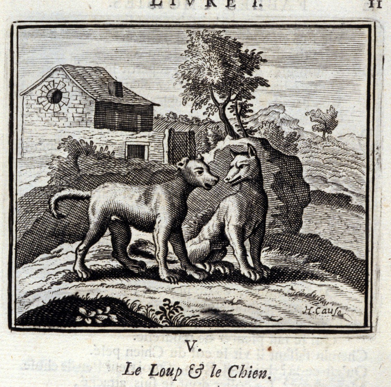 الذئب والكلب. أساطير جان دي لافونتين (1621-95). رسم توضيحي لفرانسوا تشوفو (1613-1676). طبعة 1728. بواسطة فرانسوا شوفو