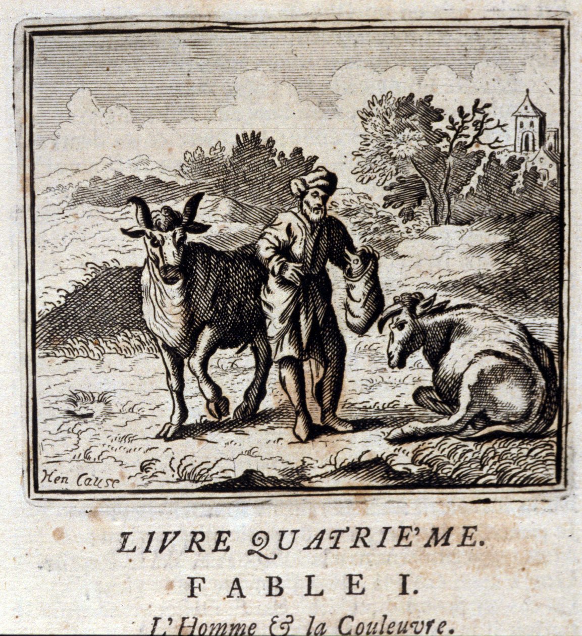 رجل وثعبان. أساطير جان دي لافونتين (1621-95). رسم توضيحي لفرانسوا تشوفو (1613-1676). طبعة 1728. بواسطة فرانسوا شوفو