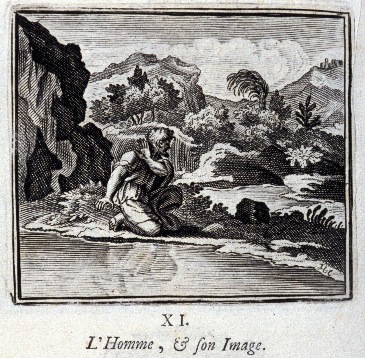 الرجل وصورته. أساطير جان دي لافونتين (1621-95). رسم توضيحي لفرانسوا تشوفو (1613-1676). طبعة 1728. بواسطة فرانسوا شوفو