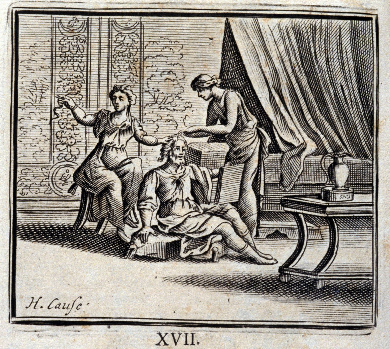 رجل بين سنّين ومخدمتين له. أساطير جان دي لافونتين (1621-95). رسم توضيحي لفرانسوا تشوفو (1613-1676). طبعة 1728. بواسطة فرانسوا شوفو