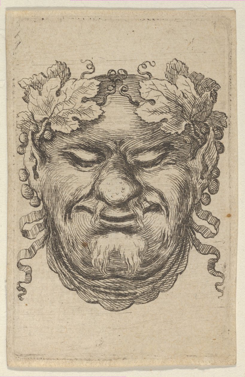 قناع باخوس مع إكليل من ورق العنب والشريط ، من مساجد الغواصين ، كاليفورنيا. 1635-45. بواسطة فرانسوا شوفو