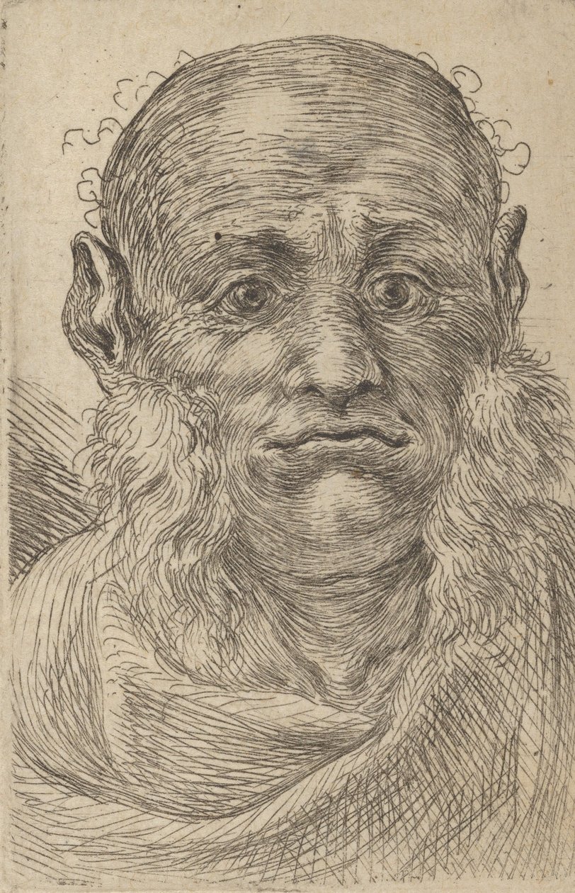 قناع لرجل أصلع مع سوالف معفنة ، من Divers Masques ، كاليفورنيا. 1635-45. بواسطة فرانسوا شوفو