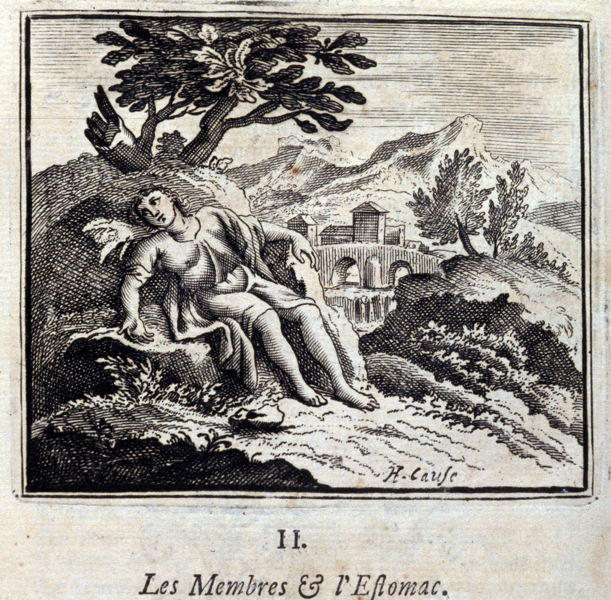الأعضاء والمعدة. أساطير جان دي لافونتين (1621-95). رسم توضيحي لفرانسوا تشوفو (1613-1676). طبعة 1728. بواسطة فرانسوا شوفو