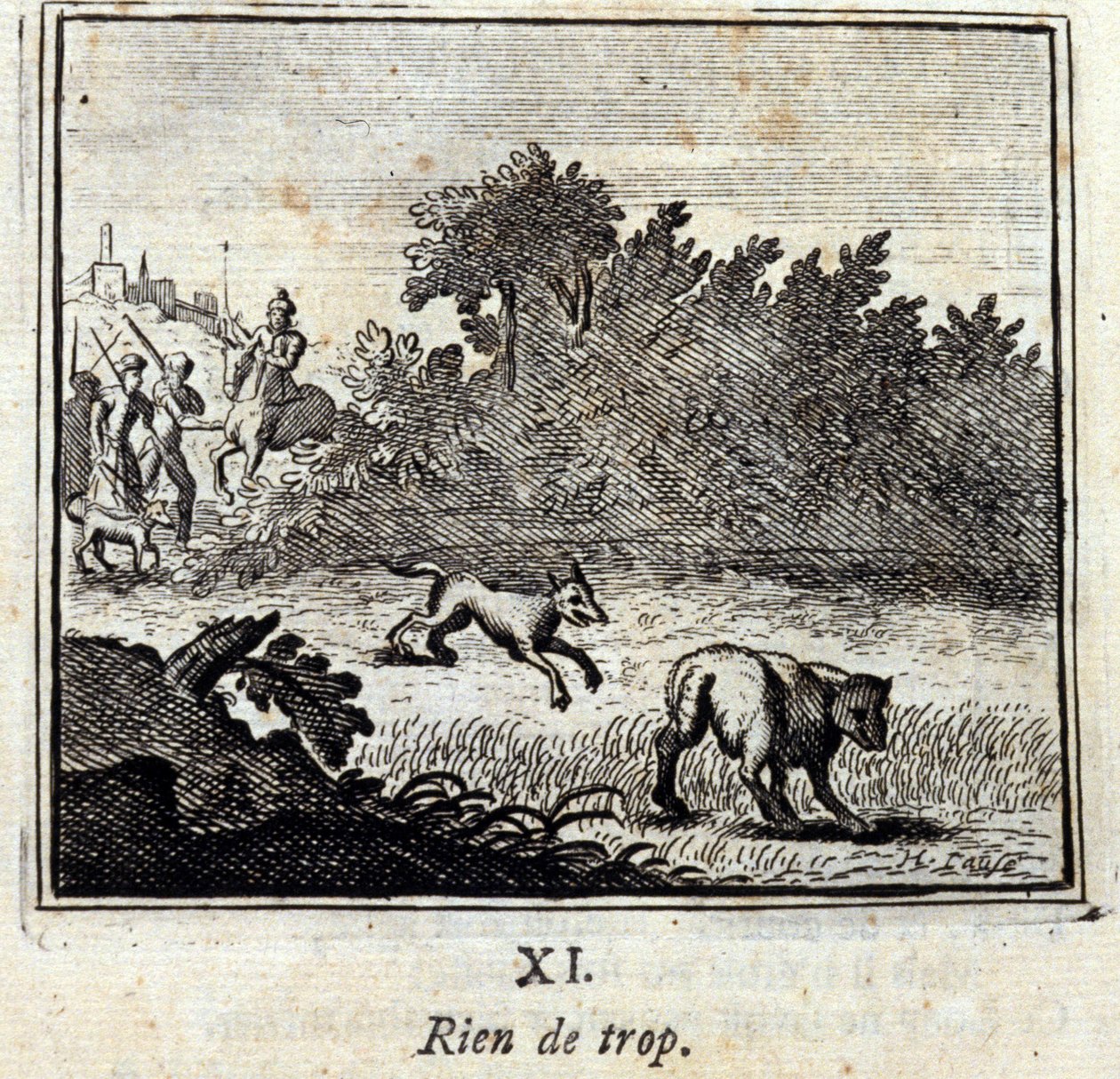 لا شيء أكثر من اللازم. أساطير جان دي لافونتين (1621-95). رسم توضيحي لفرانسوا تشوفو (1613-1676). طبعة 1728. بواسطة فرانسوا شوفو