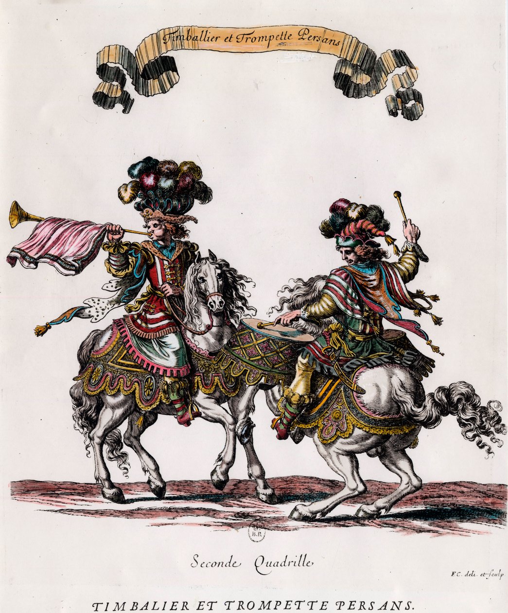 آلة توقيت وبوق فارسية أثناء العرض الدائري الذي قدمه الملك لويس الرابع عشر (1639-1715) نقش بقلم فرانسوا شوفو (1613-1676) حوالي 1662 مجموعة خاصة بواسطة فرانسوا شوفو