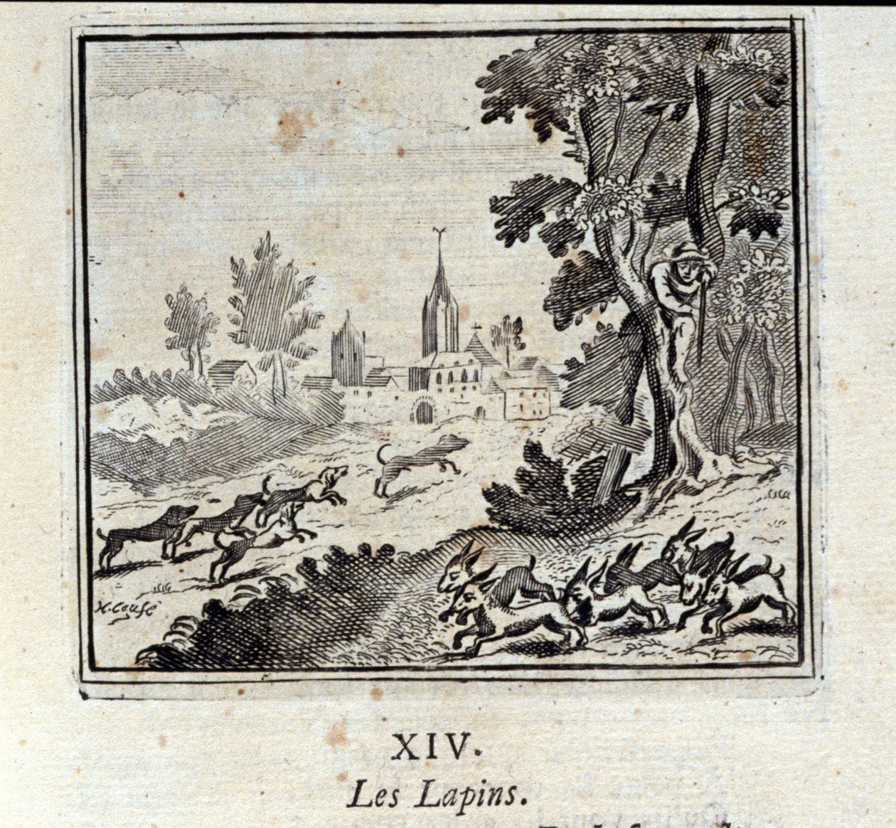 أرانب. أساطير جان دي لافونتين (1621-95). رسم توضيحي لفرانسوا تشوفو (1613-1676). طبعة 1728. بواسطة فرانسوا شوفو