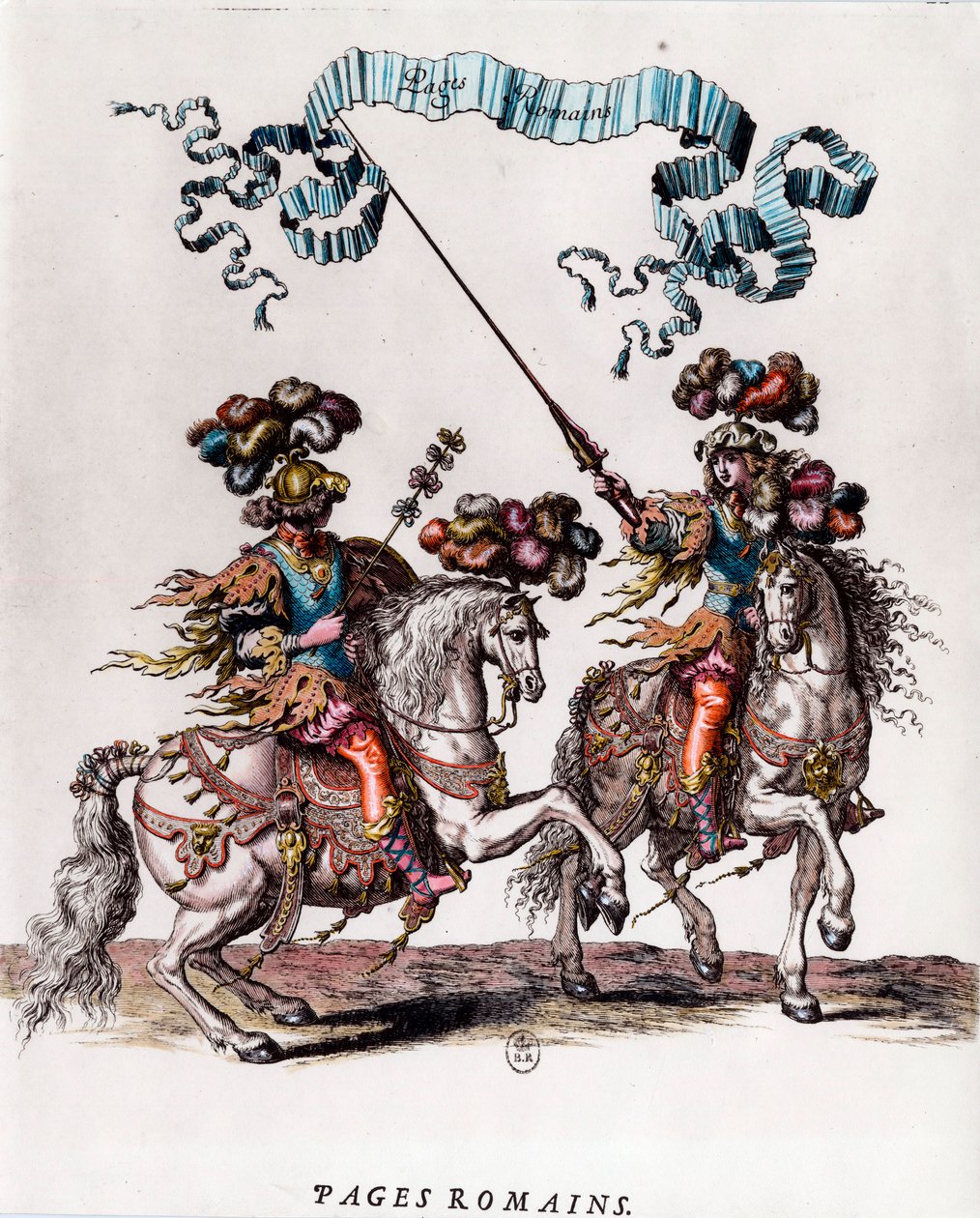 الصفحات الرومانية أثناء العرض الدائري الذي قدمه الملك لويس الرابع عشر (1639-1715) نقش لفرانسوا شوفو (1613-1676) كاليفورنيا. 1662 مجموعة خاصة بواسطة فرانسوا شوفو