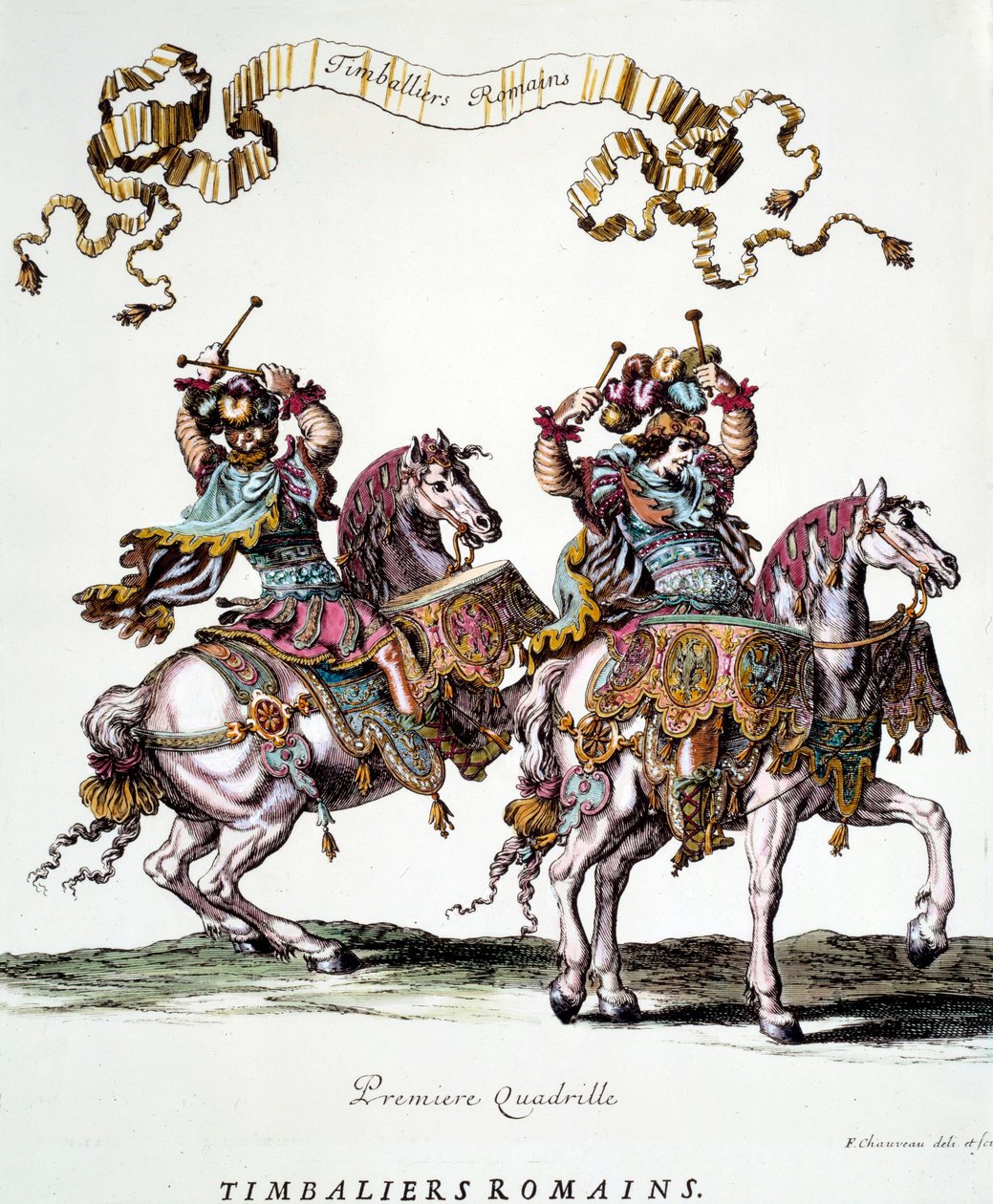 آلات ضبط الوقت الرومانية أثناء العرض الدائري الذي قدمه الملك لويس الرابع عشر (1638-1715) في عام 1662 نقش فرانسوا شوفو (1613-1676) مجموعة خاصة من القرن السابع عشر بواسطة فرانسوا شوفو