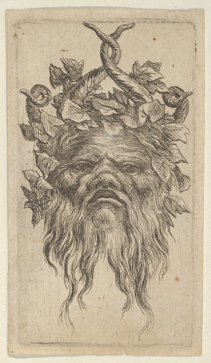 قناع ساتير مع أبواق معقوفة وإكليل اللبلاب ، من Divers Masques ، كاليفورنيا. 1635-45. بواسطة فرانسوا شوفو