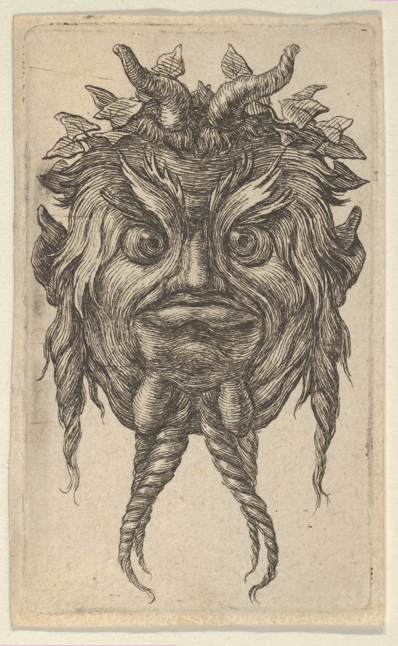 قناع ساتير بقرون ولحية ملتوية يرتدي إكليل اللبلاب ، من Divers Masque ...، ca. 1635-45. بواسطة فرانسوا شوفو
