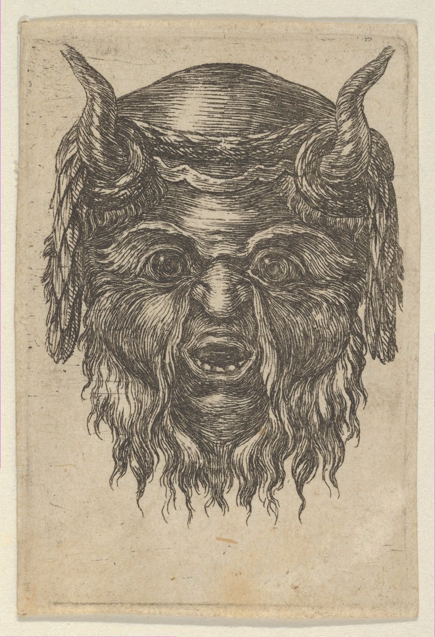 قناع ساتير مع إكليل الغار ملفوف فوق الأبواق ، من Divers Masques ، كاليفورنيا. 1635-45. بواسطة فرانسوا شوفو