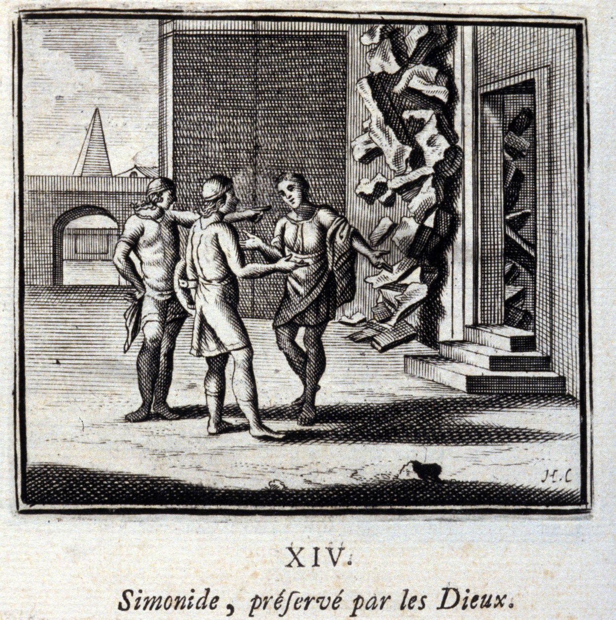 سيمونيدس محفوظة من قبل الآلهة. أساطير جان دي لافونتين (1621-95). رسم توضيحي لفرانسوا تشوفو (1613-1676). طبعة 1728. بواسطة فرانسوا شوفو