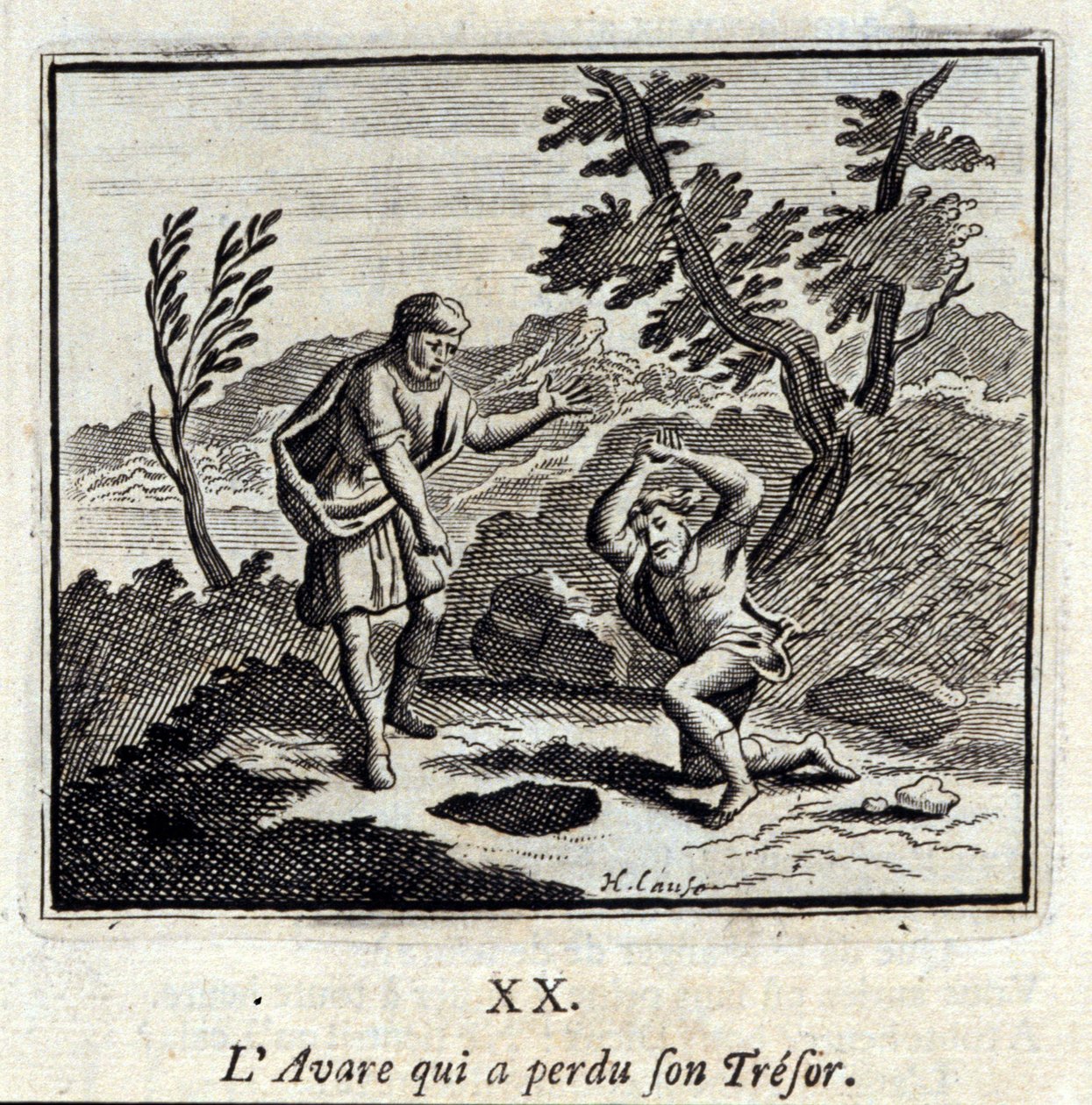 أفار الذي فقد تريزور له ، حكايات جان دي لافونتين (1621-95). رسم توضيحي لفرانسوا تشوفو (1613-1676). طبعة 1728. بواسطة فرانسوا شوفو