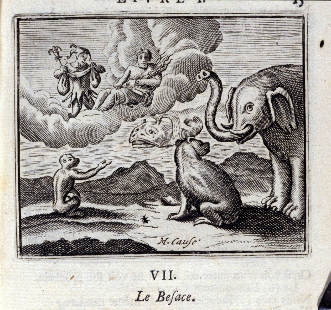 الحقيبة. أساطير جان دي لافونتين (1621-95). رسم توضيحي لفرانسوا تشوفو (1613-1676). طبعة 1728. بواسطة فرانسوا شوفو