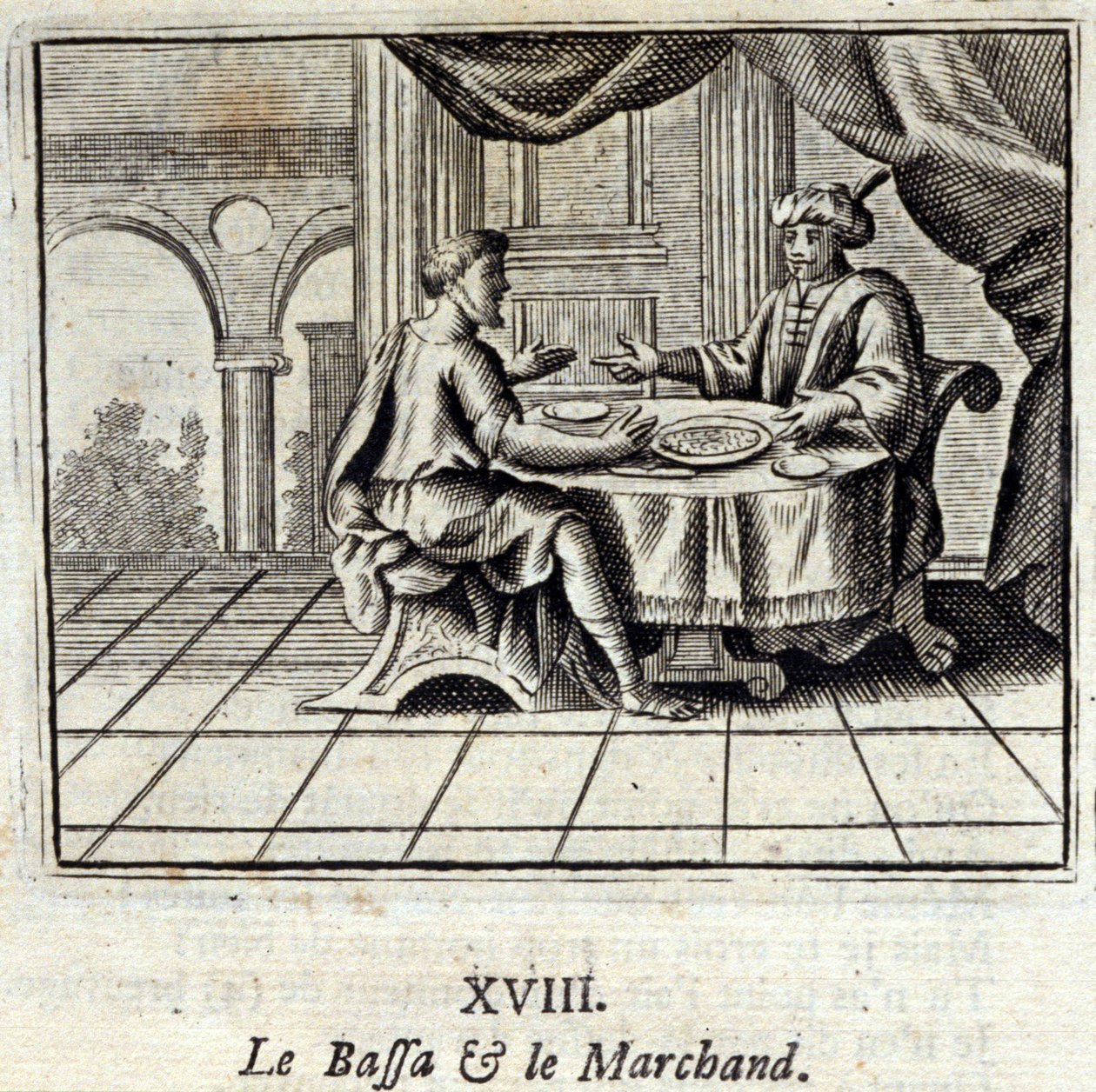 الباسا والتاجر. أساطير جان دي لافونتين (1621-95). رسم توضيحي لفرانسوا تشوفو (1613-1676). طبعة 1728. بواسطة فرانسوا شوفو