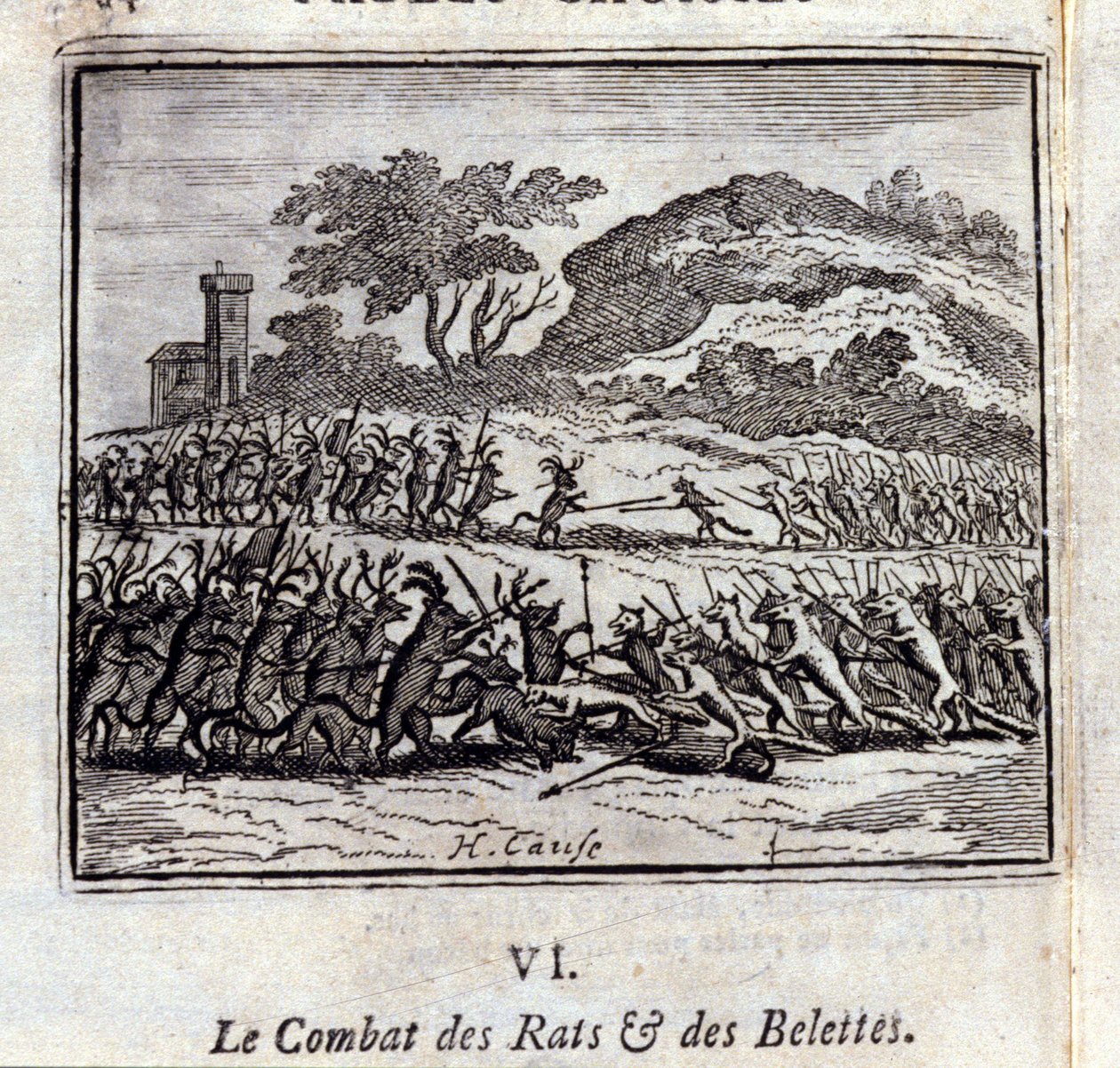 معركة الجرذان وابن عرس. أساطير جان دي لافونتين (1621-95). رسم توضيحي لفرانسوا تشوفو (1613-1676). طبعة 1728. بواسطة فرانسوا شوفو