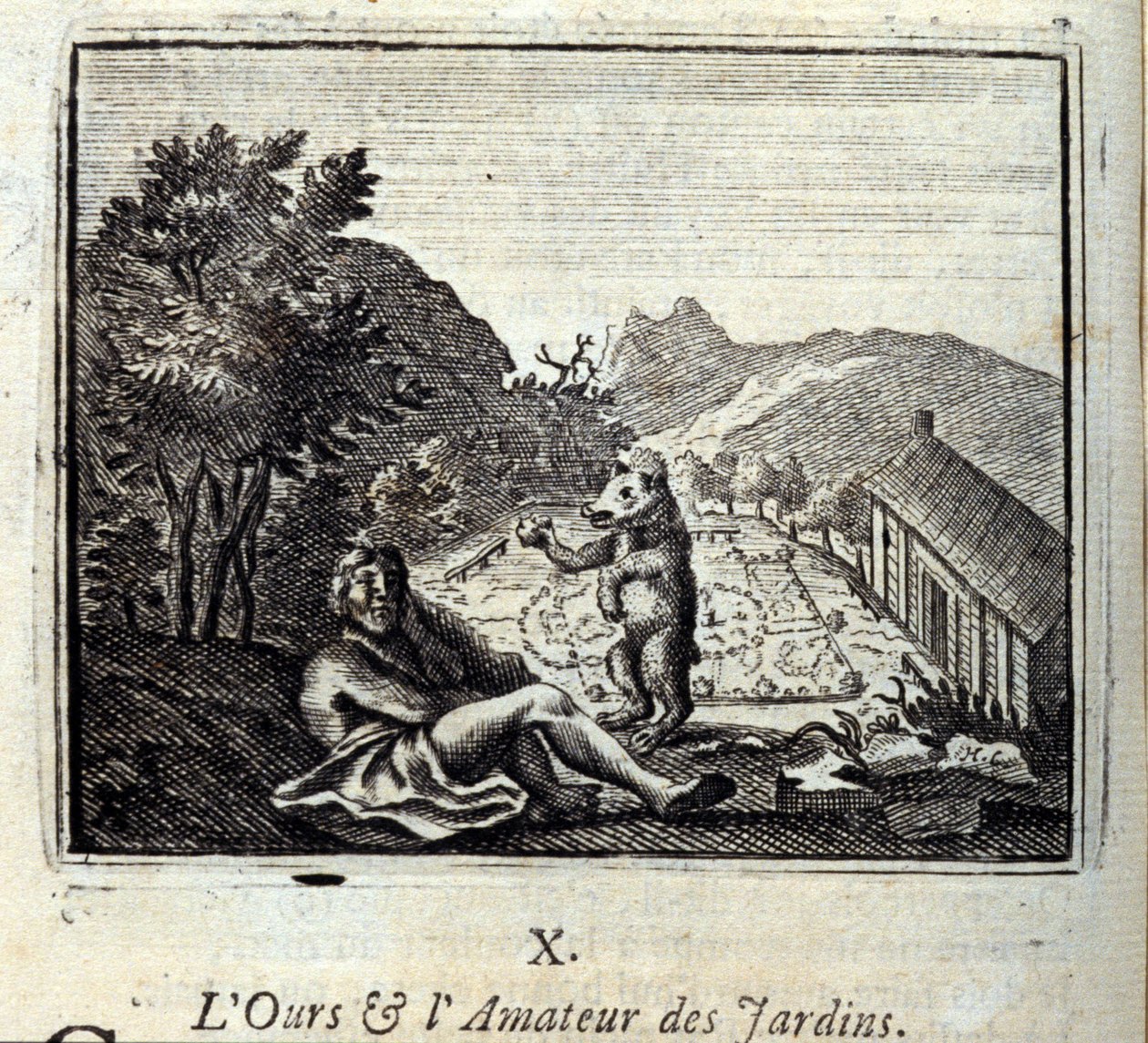 الدب والحديقة هواة. أساطير جان دي لافونتين (1621-95). رسم توضيحي لفرانسوا تشوفو (1613-1676). طبعة 1728. بواسطة فرانسوا شوفو