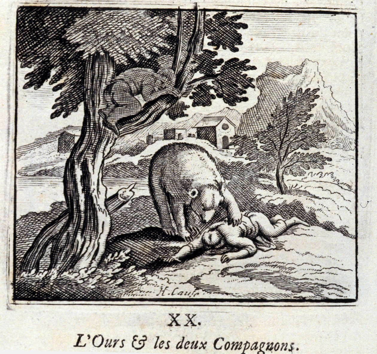 الدب والصحابان. أساطير جان دي لافونتين (1621-95). رسم توضيحي لفرانسوا تشوفو (1613-1676). طبعة 1728. بواسطة فرانسوا شوفو