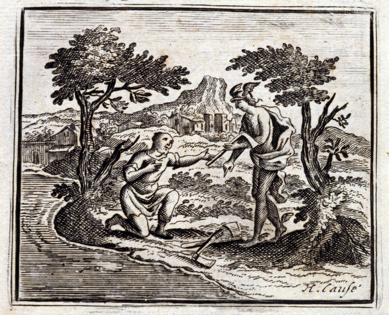 الحطاب وميركوري. أساطير جان دي لافونتين (1621-95). رسم توضيحي لفرانسوا تشوفو (1613-1676). طبعة 1728. بواسطة فرانسوا شوفو