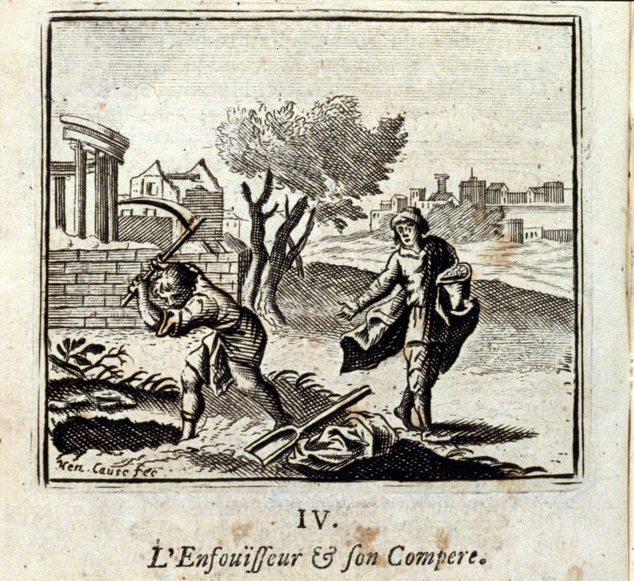 الموقد وشريكه. أساطير جان دي لافونتين (1621-95). رسم توضيحي لفرانسوا تشوفو (1613-1676). طبعة 1728. بواسطة فرانسوا شوفو