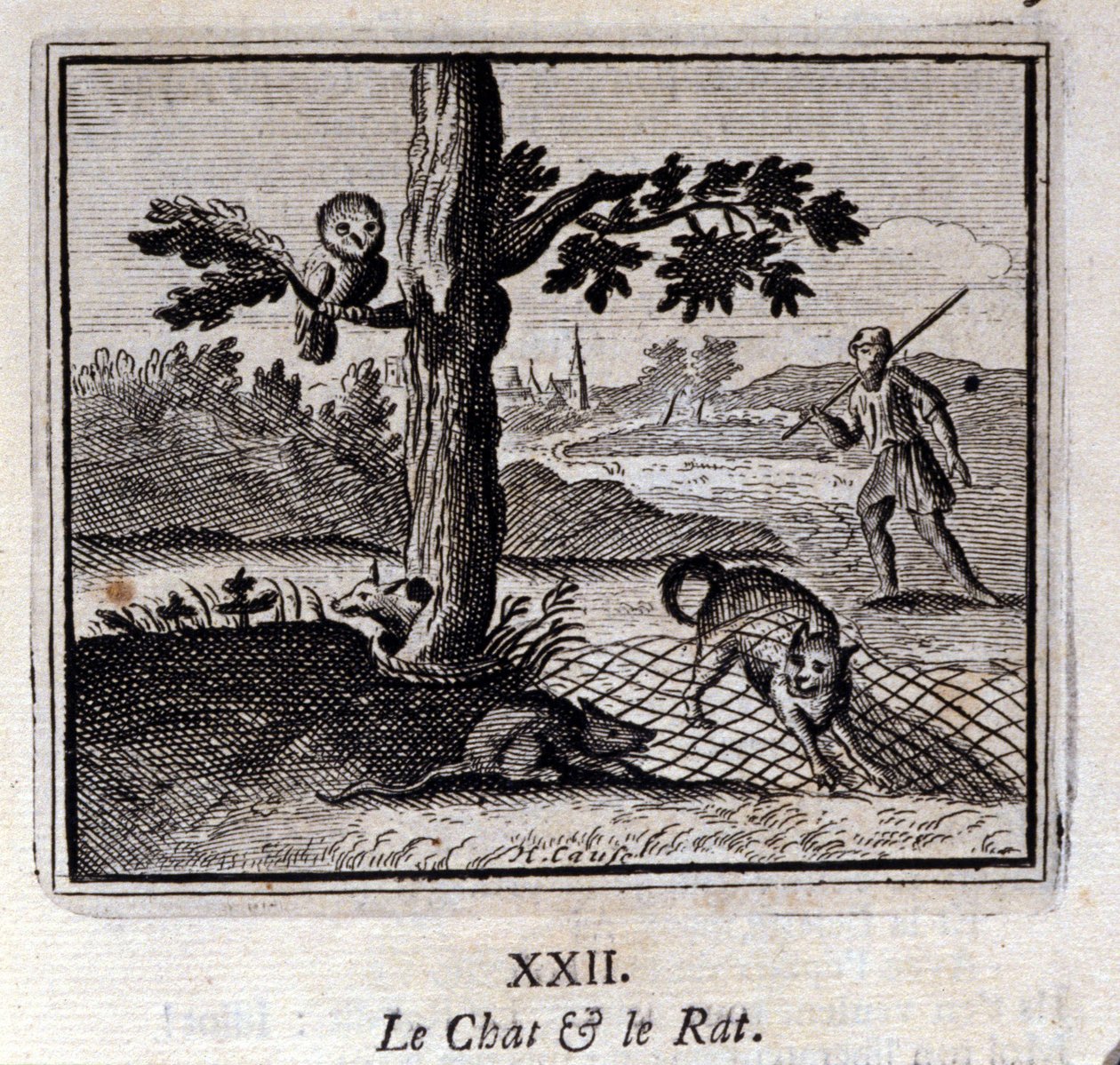 القط والفأر. أساطير جان دي لافونتين (1621-95). رسم توضيحي لفرانسوا تشوفو (1613-1676). طبعة 1728. بواسطة فرانسوا شوفو