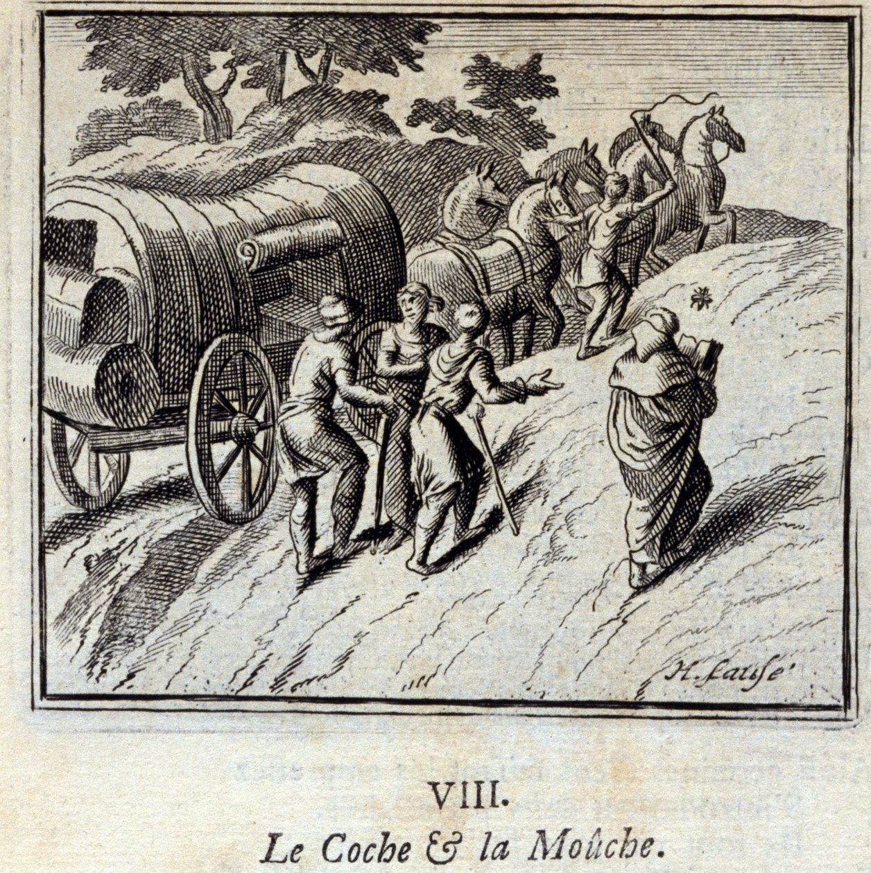 الكوش والذبابة. أساطير جان دي لافونتين (1621-95). رسم توضيحي لفرانسوا تشوفو (1613-1676). طبعة 1728. بواسطة فرانسوا شوفو