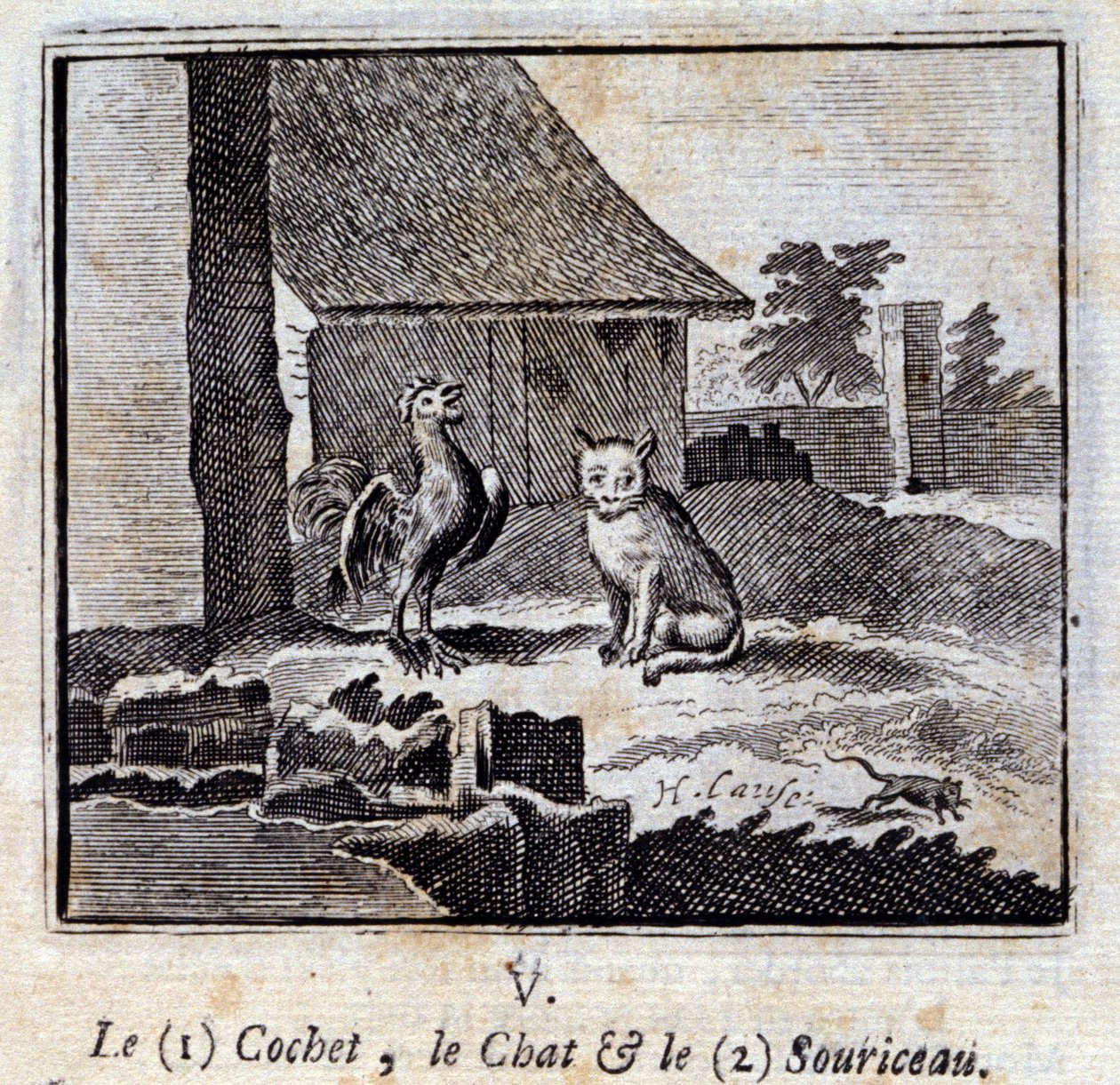 الكوشيت القط والفأر. أساطير جان دي لافونتين (1621-95). رسم توضيحي لفرانسوا تشوفو (1613-1676). طبعة 1728. بواسطة فرانسوا شوفو