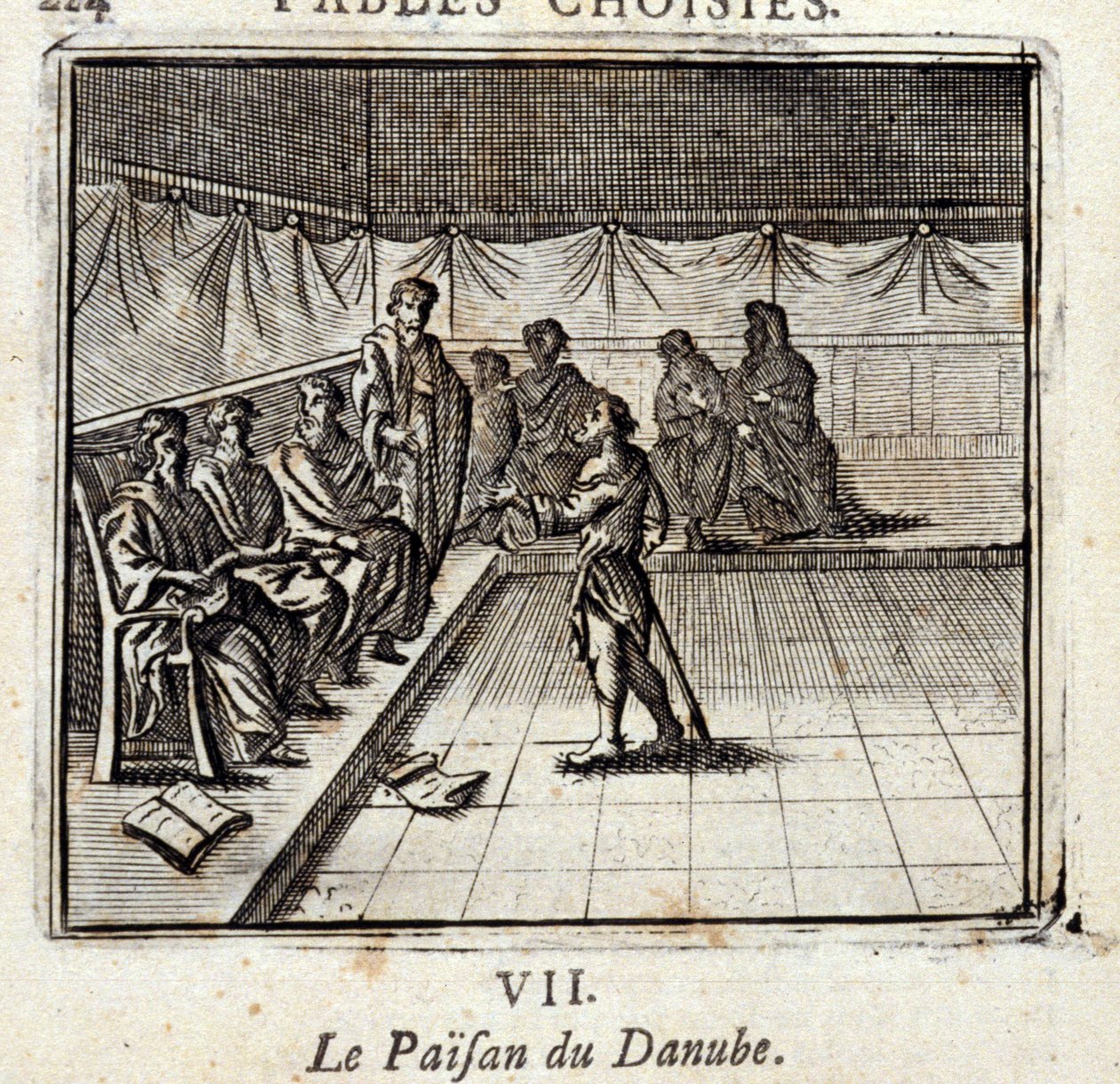 فلاح الدانوب. أساطير جان دي لافونتين (1621-95). رسم توضيحي لفرانسوا تشوفو (1613-1676). طبعة 1728. بواسطة فرانسوا شوفو