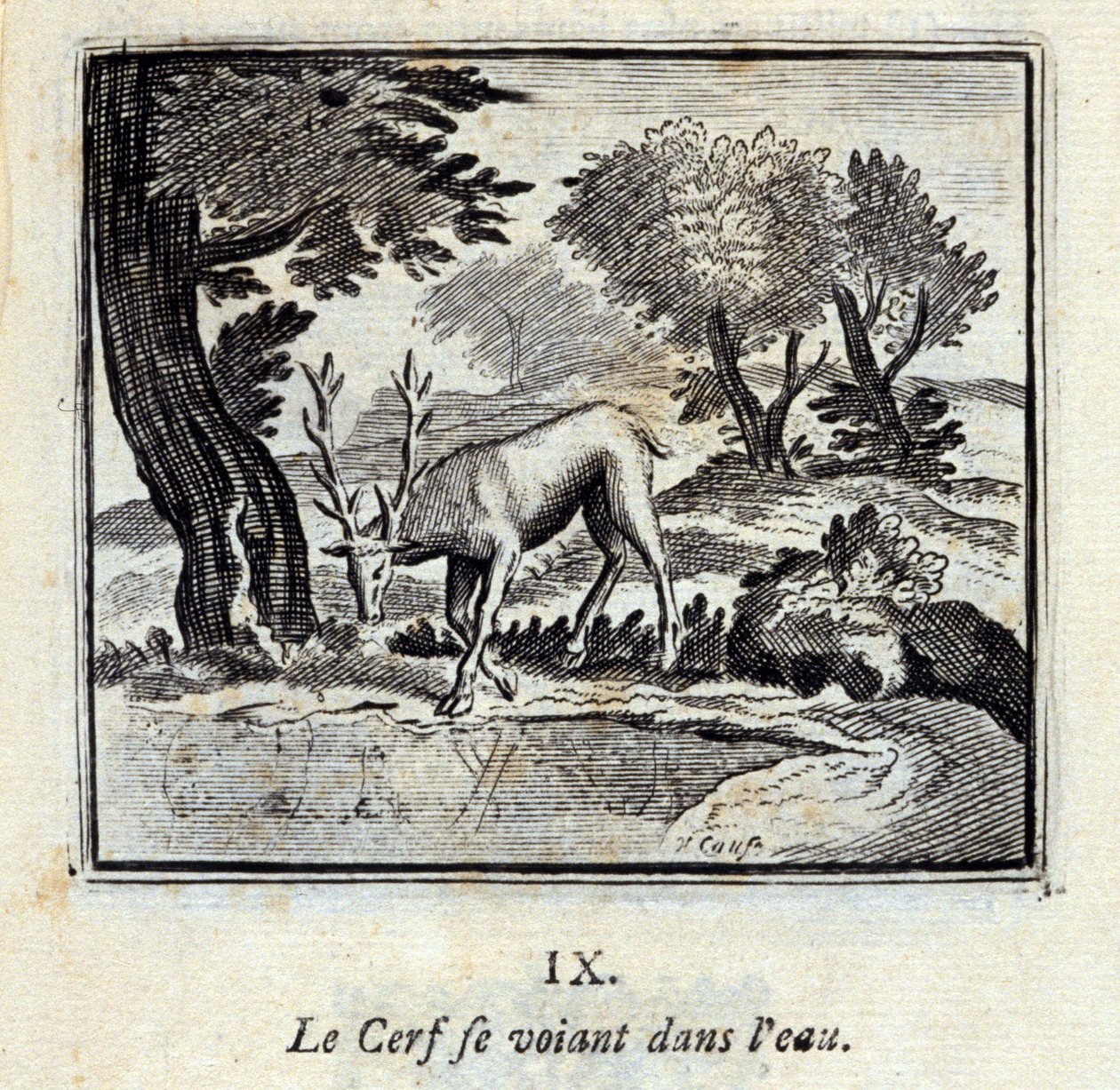 يرى الغزال نفسه في الماء. أساطير جان دي لافونتين (1621-95). رسم توضيحي لفرانسوا تشوفو (1613-1676). طبعة 1728. بواسطة فرانسوا شوفو
