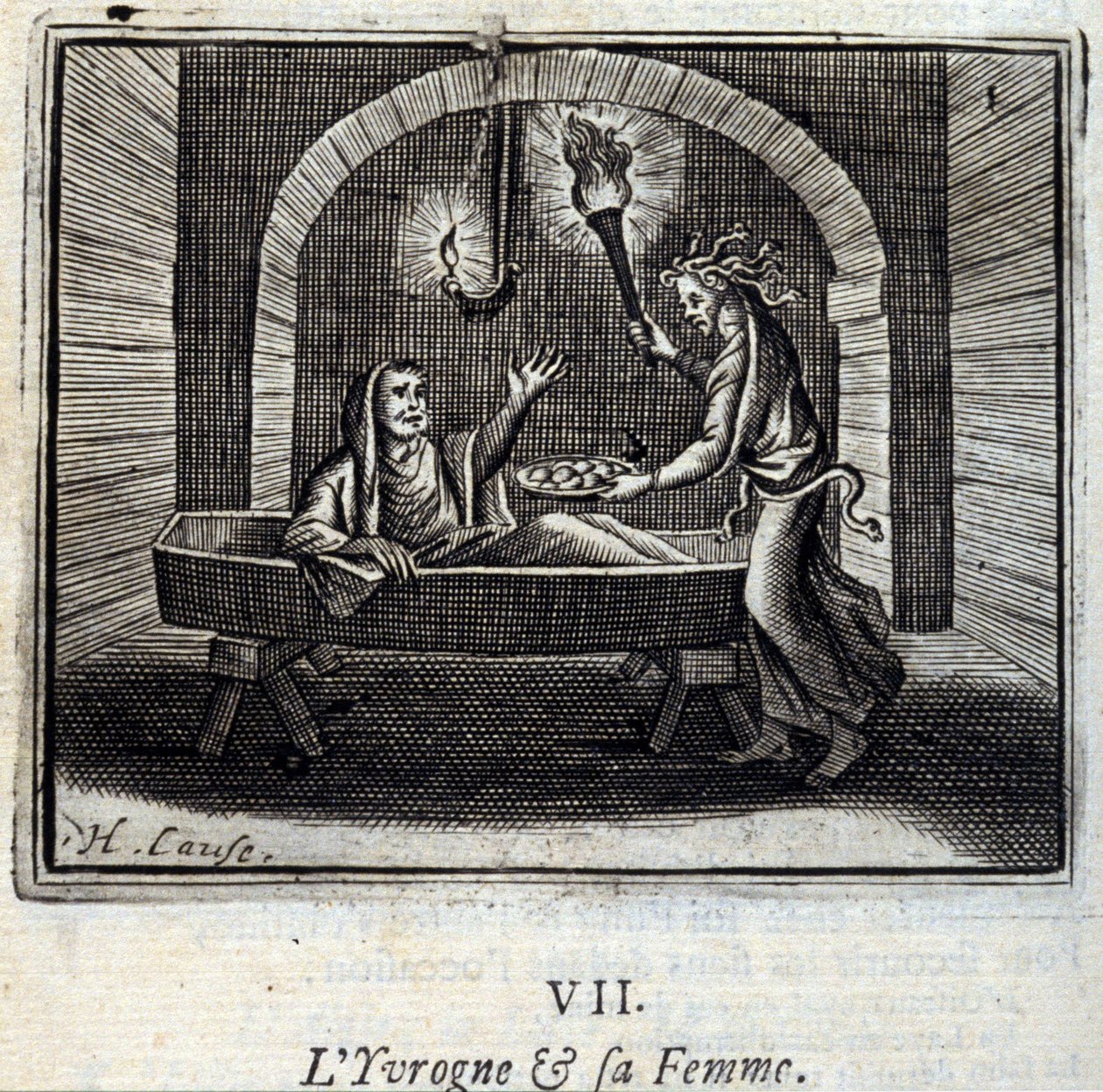السكران وزوجته. أساطير جان دي لافونتين (1621-95). رسم توضيحي لفرانسوا تشوفو (1613-1676). طبعة 1728. بواسطة فرانسوا شوفو