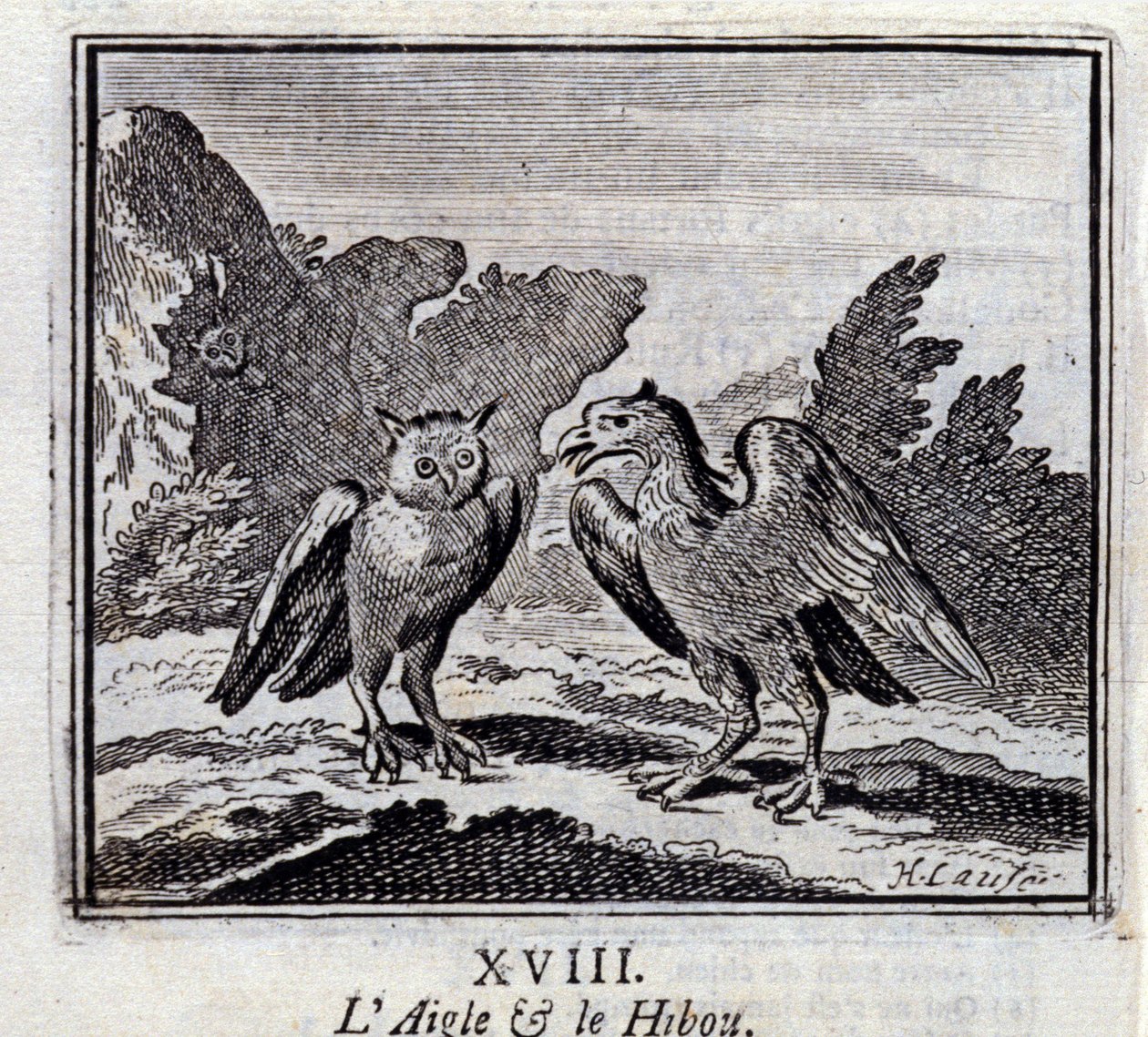 النسر والبومة. أساطير جان دي لافونتين (1621-95). رسم توضيحي لفرانسوا تشوفو (1613-1676). طبعة 1728. بواسطة فرانسوا شوفو