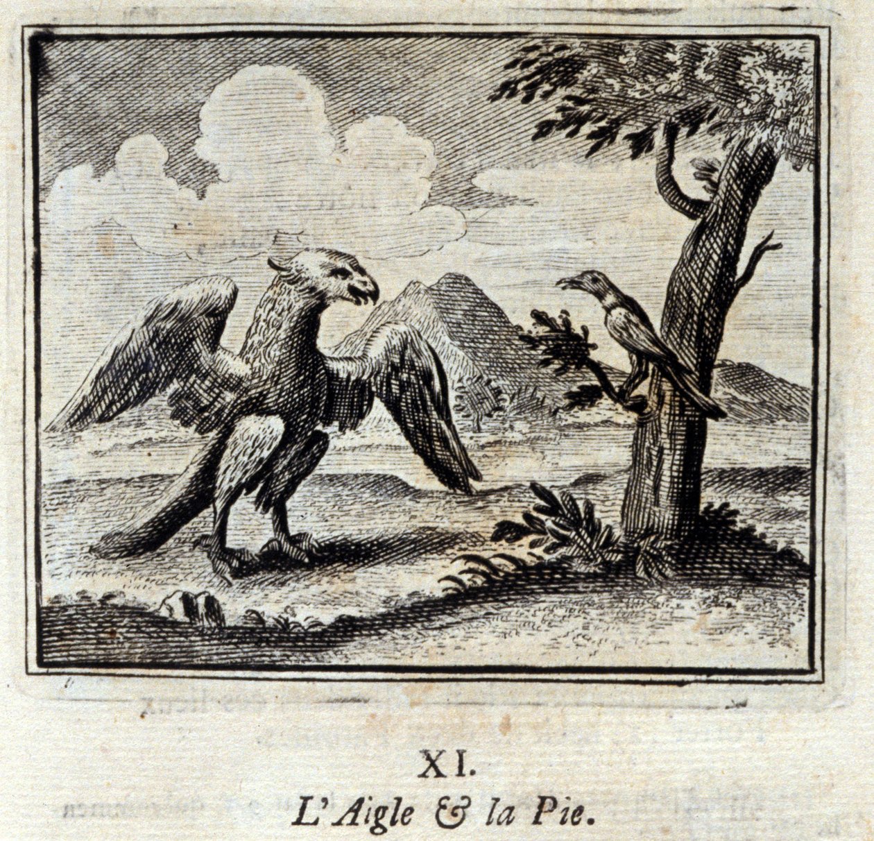 النسر وبيوس. أساطير جان دي لافونتين (1621-95). رسم توضيحي لفرانسوا تشوفو (1613-1676). طبعة 1728. بواسطة فرانسوا شوفو