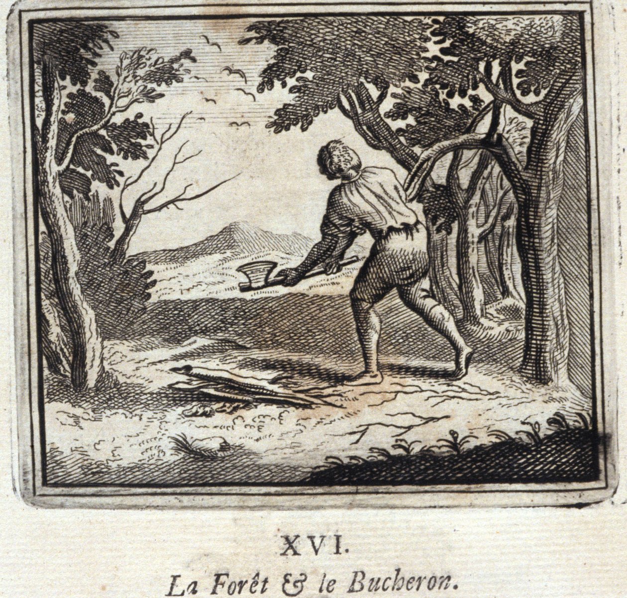 الغابة والحطاب. أساطير جان دي لافونتين (1621-95). رسم توضيحي لفرانسوا تشوفو (1613-1676). طبعة 1728. بواسطة فرانسوا شوفو