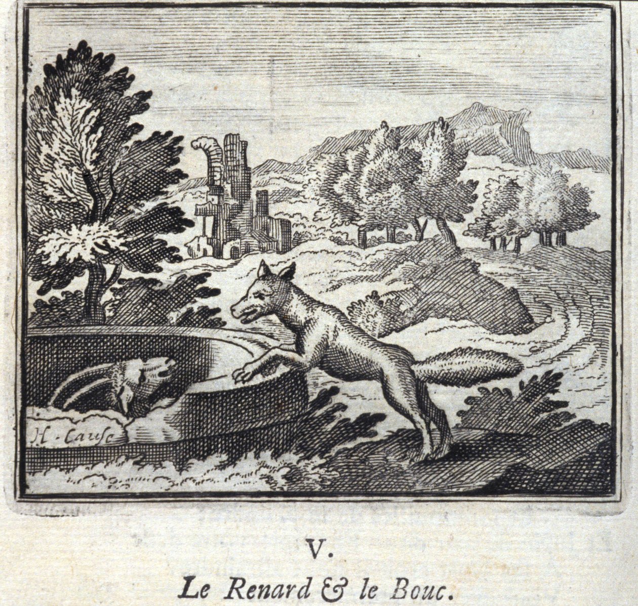 الثعلب والخرافات لجين دي لافونتين (1621-95). رسم توضيحي لفرانسوا تشوفو (1613-1676). طبعة 1728. بواسطة فرانسوا شوفو