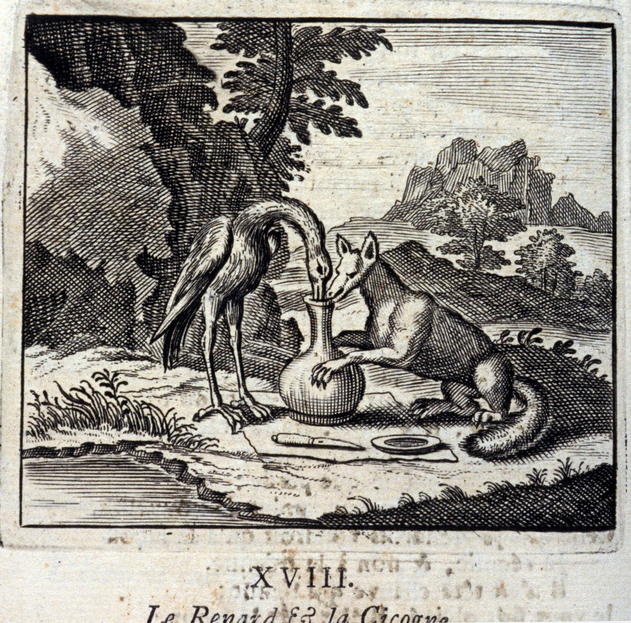 The Fox and the Cigogne ، Fables لجان دي لافونتين (1621-95). رسم توضيحي لفرانسوا تشوفو (1613-1676). طبعة 1728. بواسطة فرانسوا شوفو