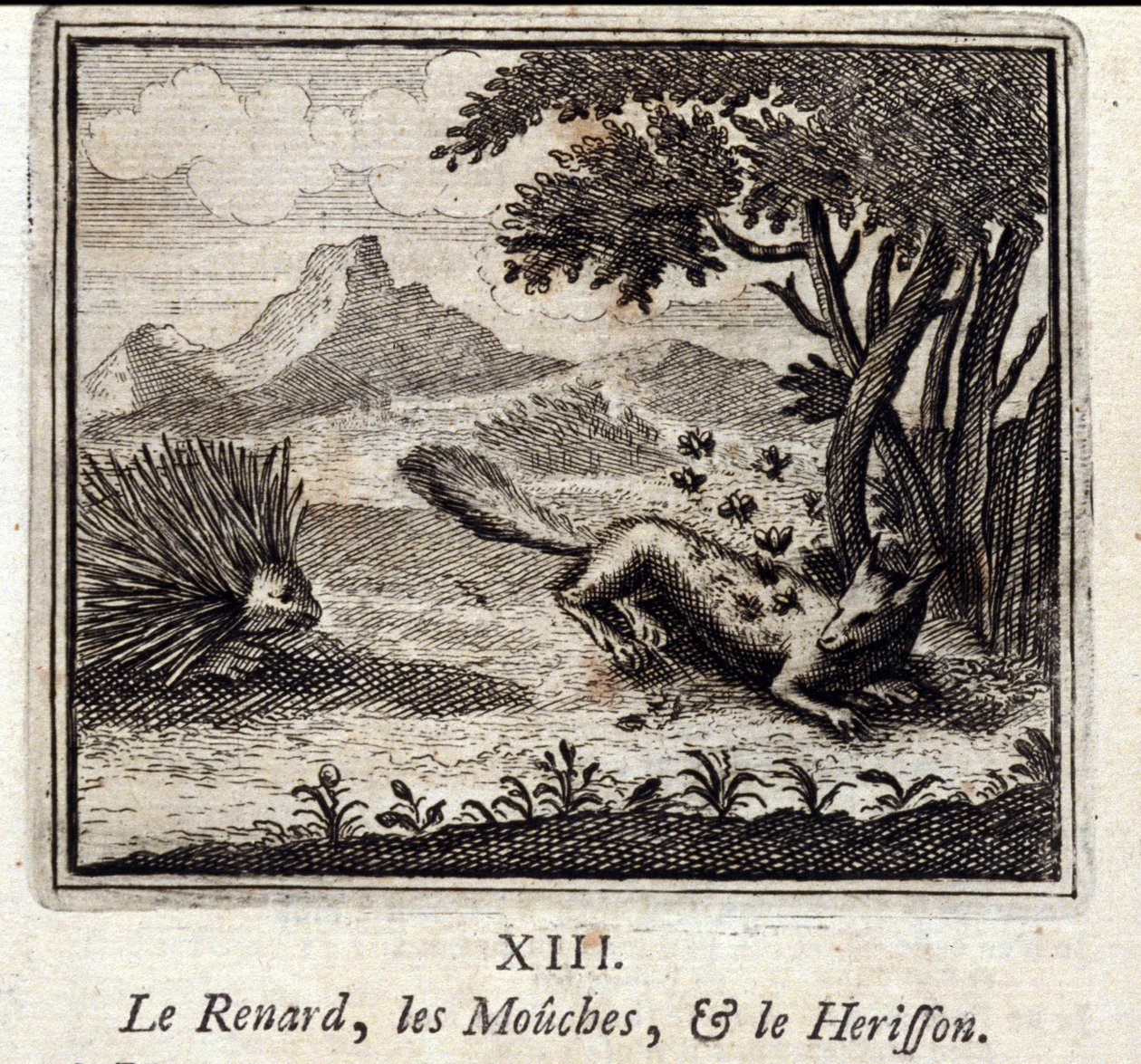 الثعلب والذباب وهريسون. أساطير جان دي لافونتين (1621-95). رسم توضيحي لفرانسوا تشوفو (1613-1676). طبعة 1728. بواسطة فرانسوا شوفو