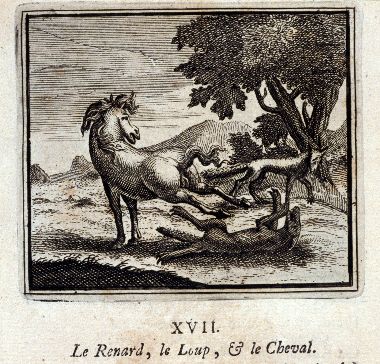 الثعلب والذئب والحصان. أساطير جان دي لافونتين (1621-95). رسم توضيحي لفرانسوا تشوفو (1613-1676). طبعة 1728. بواسطة فرانسوا شوفو