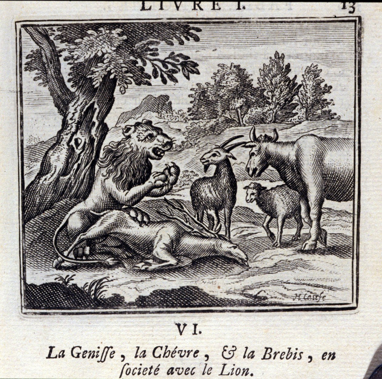 The Genisse the Gove and the Sheep في المجتمع مع الأسد. أساطير جان دي لافونتين (1621-95). رسم توضيحي لفرانسوا تشوفو (1613-1676). طبعة 1728. بواسطة فرانسوا شوفو