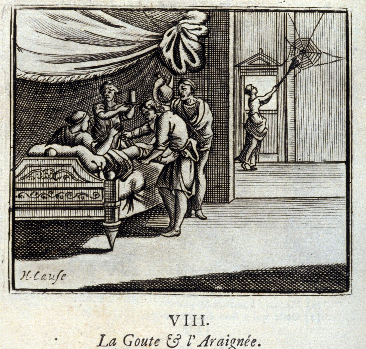 النقرس والأرايني. أساطير جان دي لافونتين (1621-95). رسم توضيحي لفرانسوا تشوفو (1613-1676). طبعة 1728. بواسطة فرانسوا شوفو