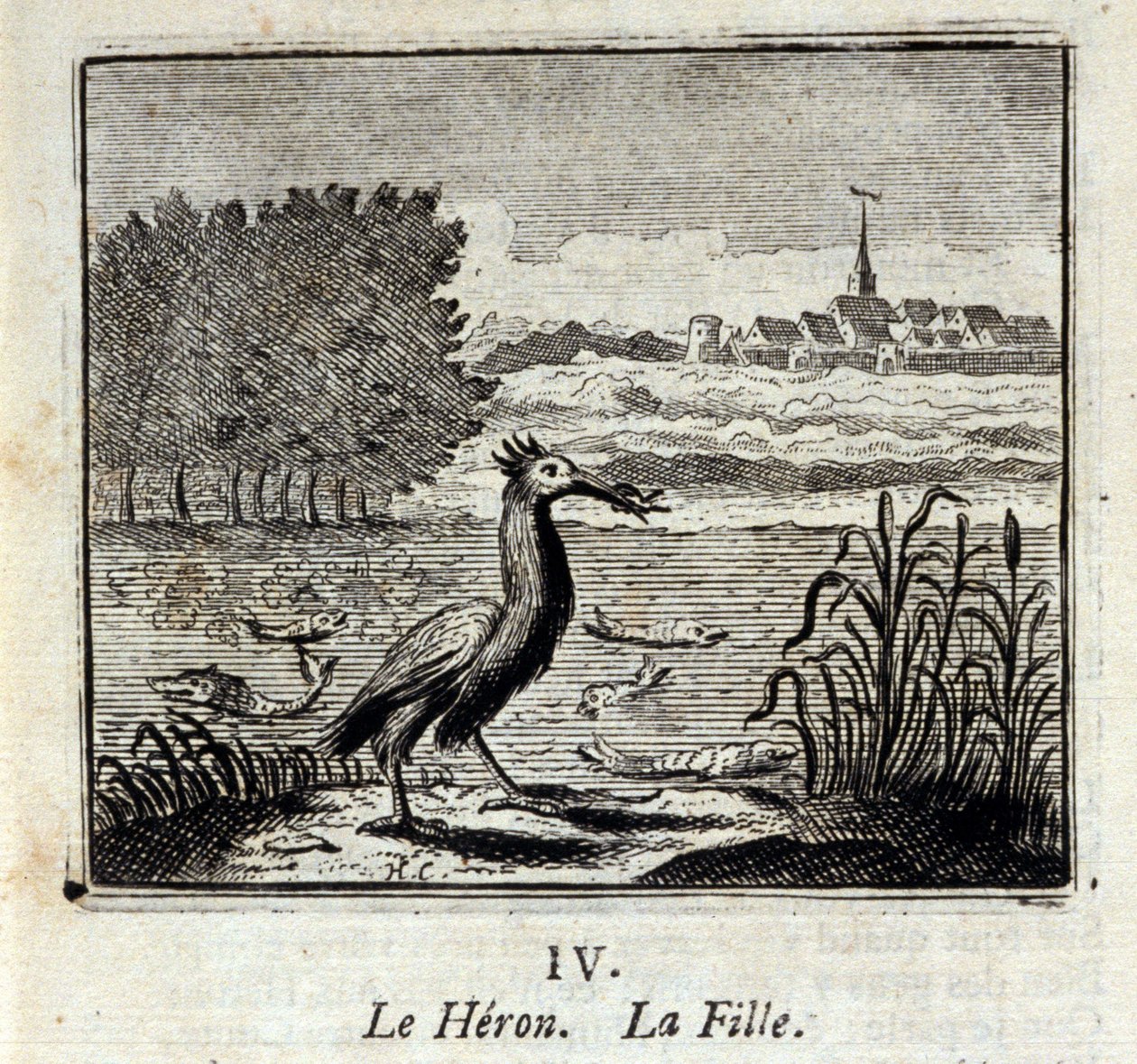 مالك الحزين. أساطير جان دي لافونتين (1621-95). رسم توضيحي لفرانسوا تشوفو (1613-1676). طبعة 1728. بواسطة فرانسوا شوفو