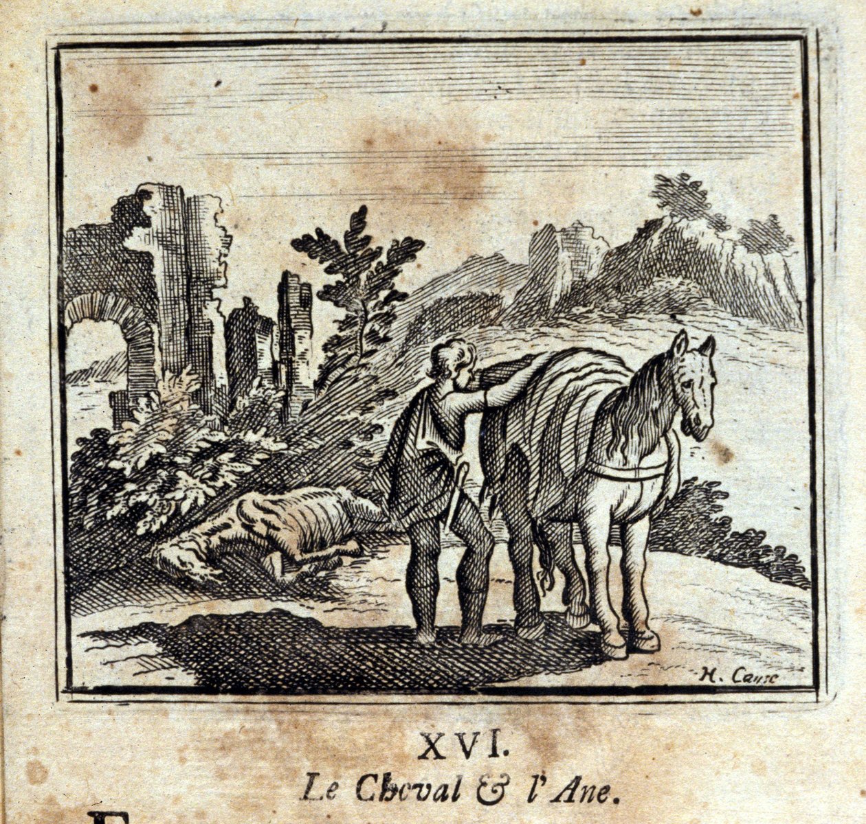 الحصان والحمار. أساطير جان دي لافونتين (1621-95). رسم توضيحي لفرانسوا تشوفو (1613-1676). طبعة 1728. بواسطة فرانسوا شوفو