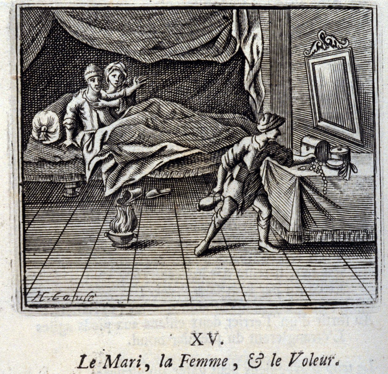 الزوج والمرأة واللص. أساطير جان دي لافونتين (1621-95). رسم توضيحي لفرانسوا تشوفو (1613-1676). طبعة 1728. بواسطة فرانسوا شوفو