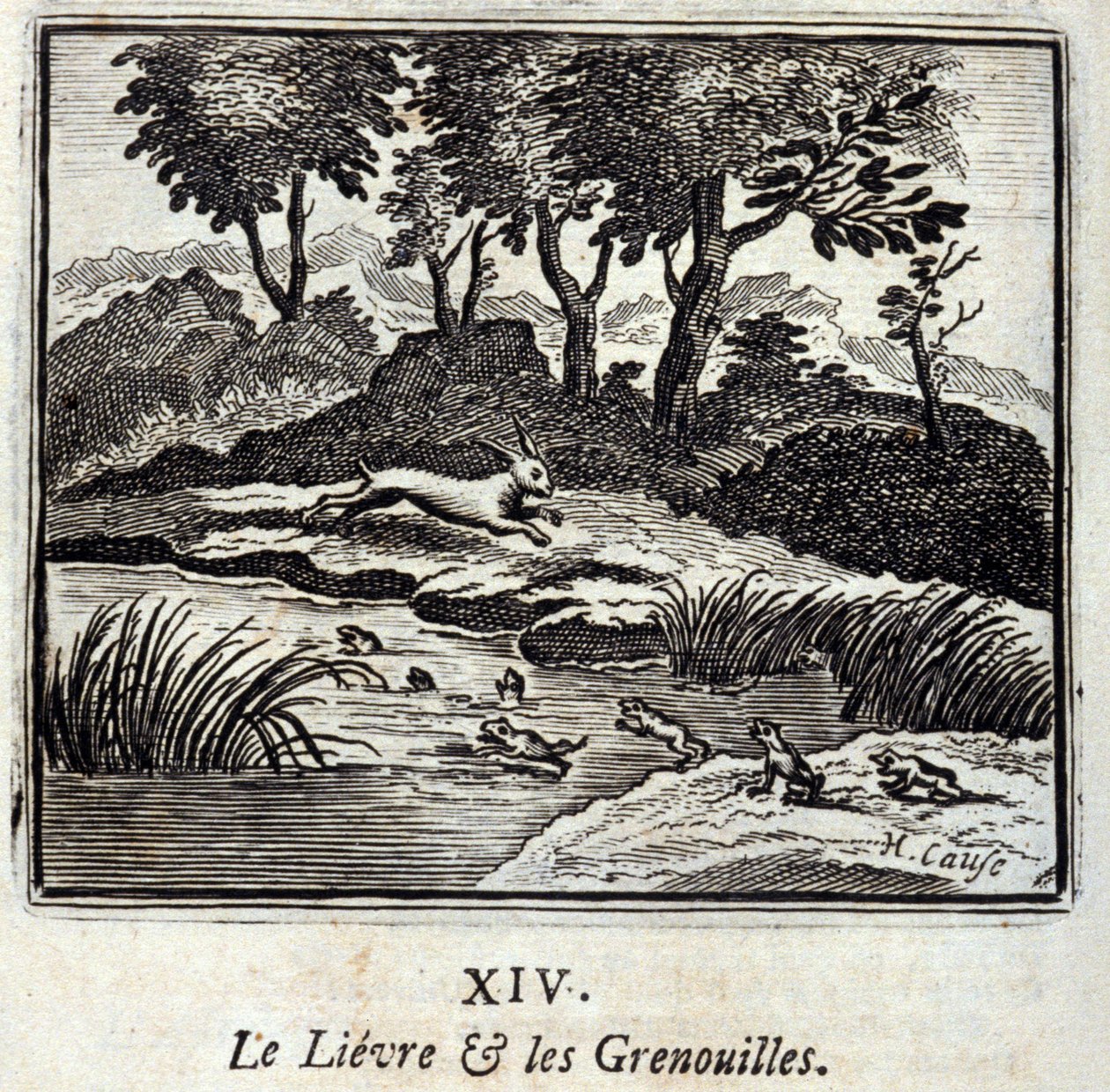 الليفر والضفادع. أساطير جان دي لافونتين (1621-95). رسم توضيحي لفرانسوا تشوفو (1613-1676). طبعة 1728. بواسطة فرانسوا شوفو