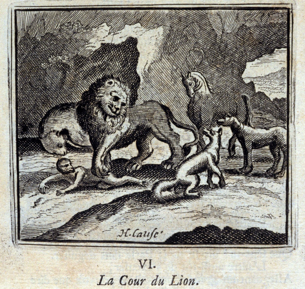محكمة الأسد. أساطير جان دي لافونتين (1621-95). رسم توضيحي لفرانسوا تشوفو (1613-1676). طبعة 1728. بواسطة فرانسوا شوفو